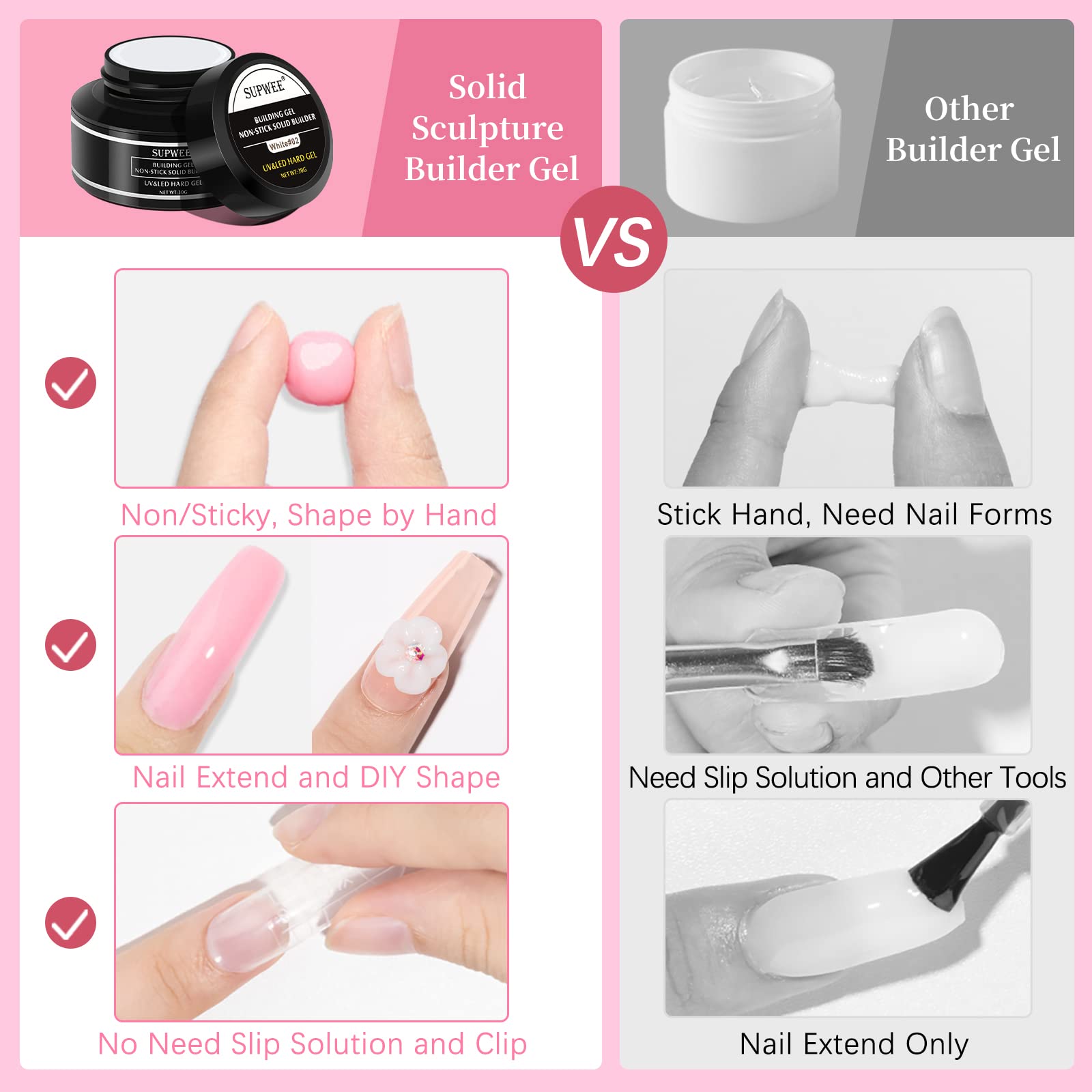 Supwee Solid Builder Gel For Nail Extension 3D Nail Gel Art Non Stick Hand Sculpture Hard Gel With Dual Form Flower Nail Strengt