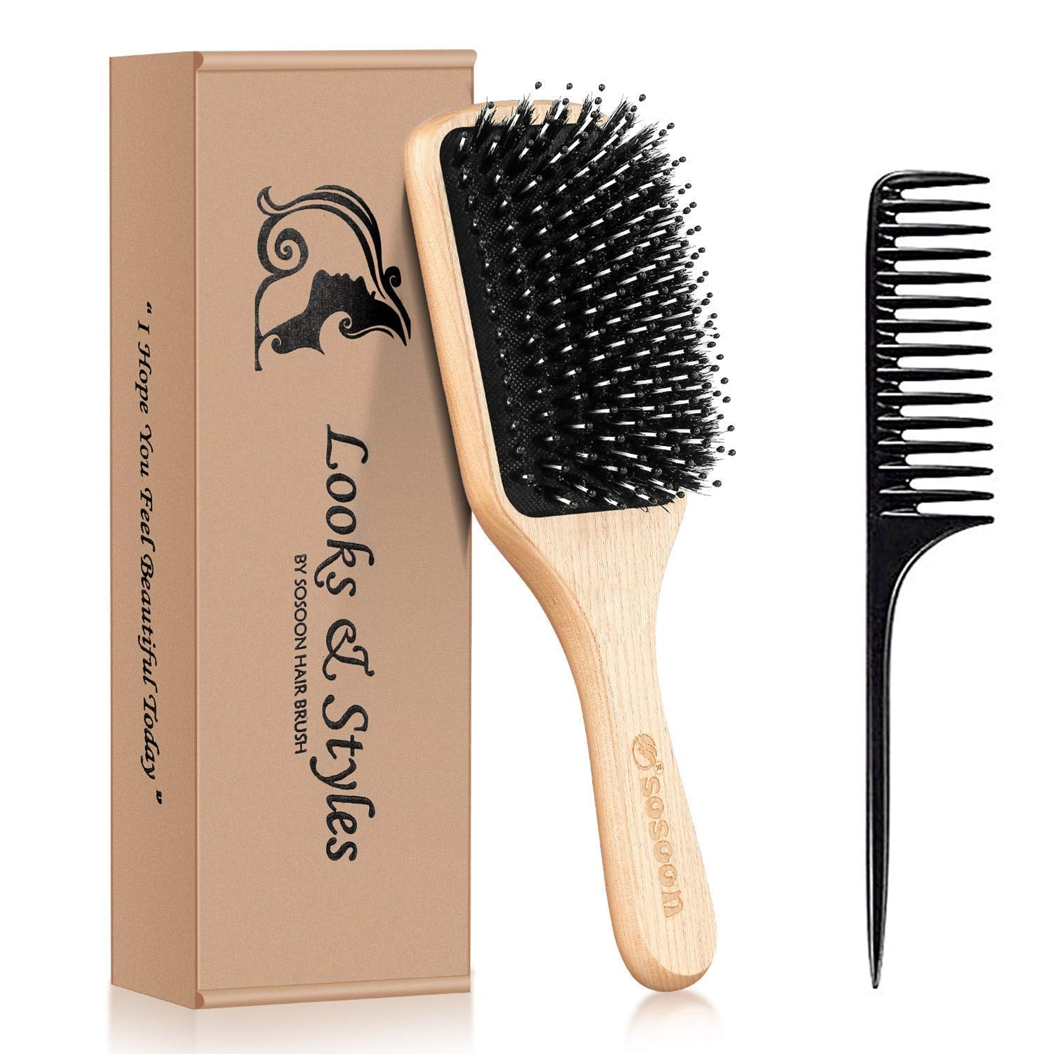 Hair Brush, Sosoon Boar Bristle Paddle Hairbrush For Long Short Thick Thin Curly Straight Wavy Dry Hair For Men Women Kids, No M