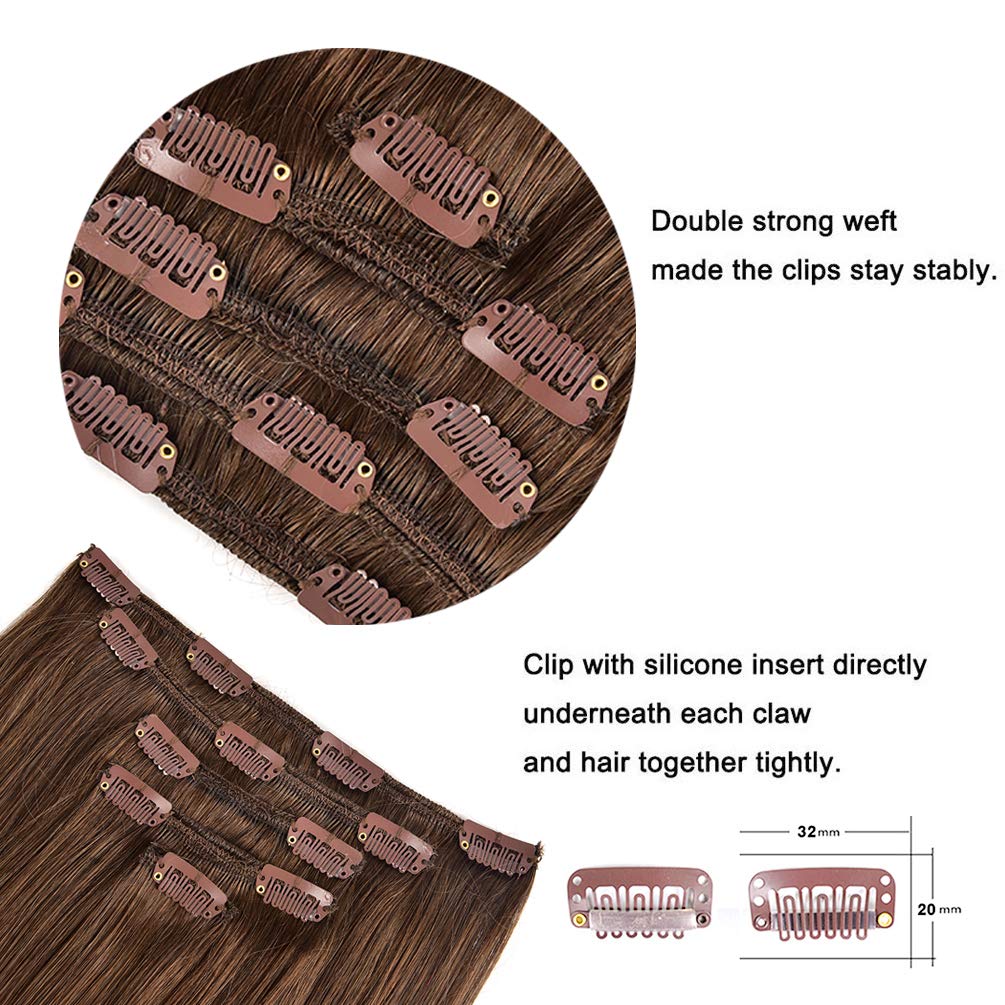 5 Pieces 14'' Remy Clip In Hair Extensions Human Hair Light Brown To Dirty Blonde Highlight Brown Ombre - Silky Straight Short T