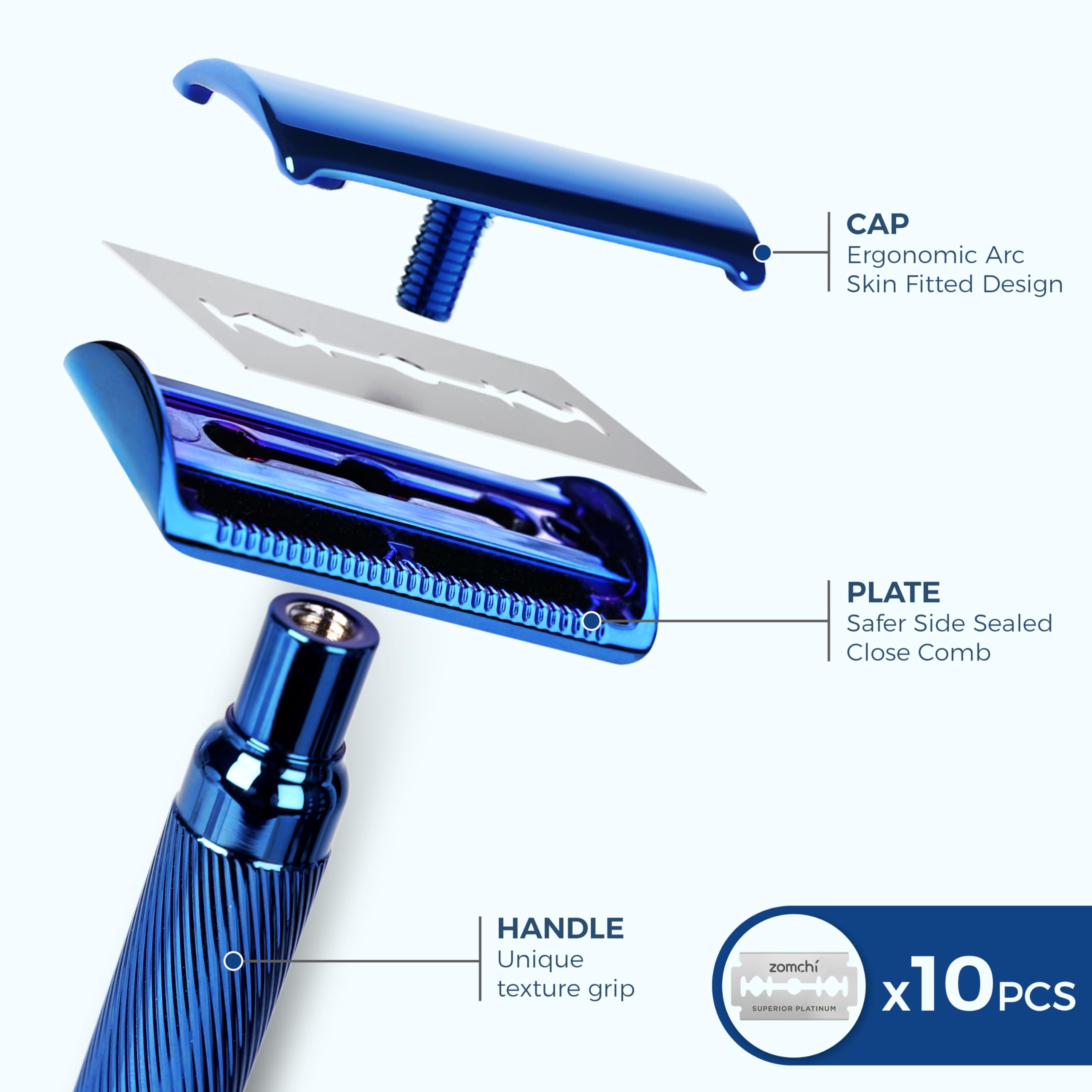 Zomchi Reusable Safety Razor With Razor Stand For Men & Women, Premium Metal Safety Razor With 10 De Safety Razor Blades, Plasti