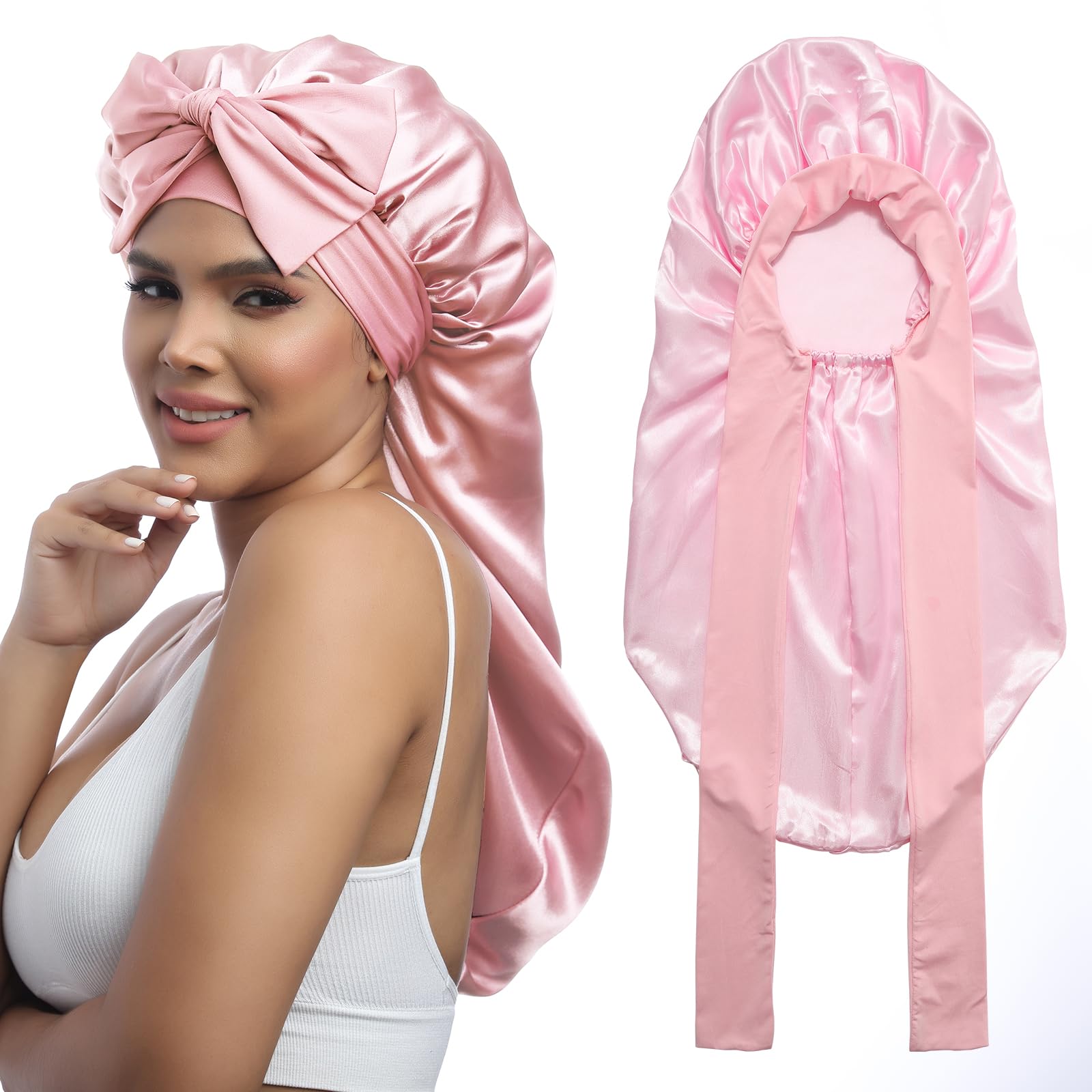 AWAYTR Long Satin Bonnet for Braids - Elastic Silk Hair Bonnets for Sleeping Night Cap Stretchy Tie Band for Women(Pink)