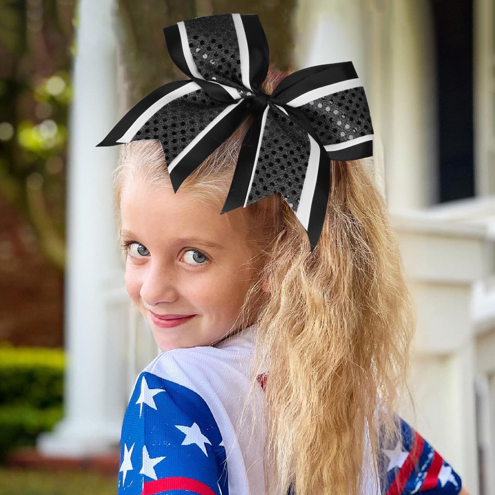 12 Pcs 8'' Large Glitter Cheer Bows Shiny Girl Hair Bows Ponytail Holder Sparkly Black Cheerleading Softball Team Bow Hair Acces