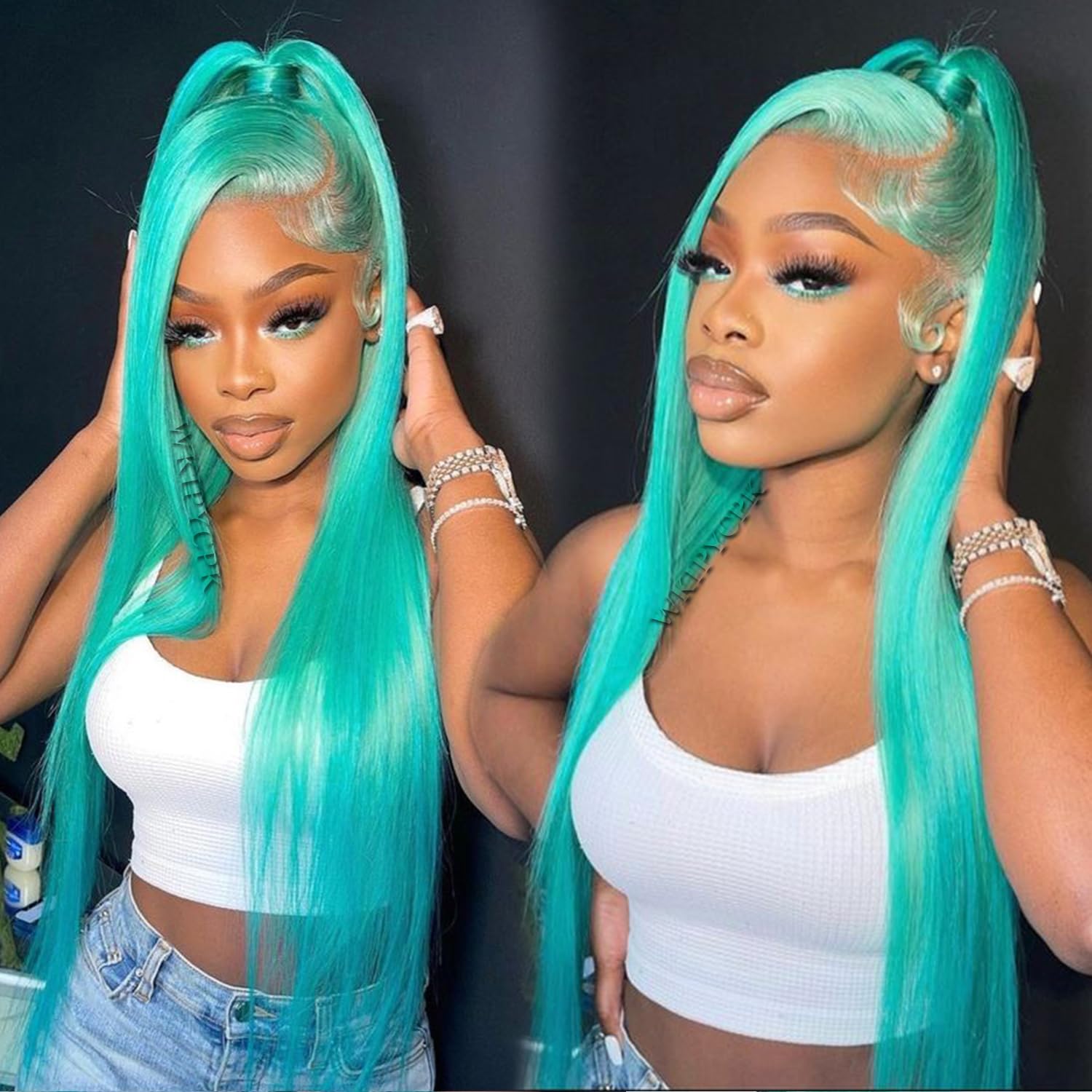 Wkipycpk Blue Green Color Synthetic Lace Front Wigs For Fashion Women 24 Inch Long Silky Straight Hair Mint Green Wig 13X3 Hd La