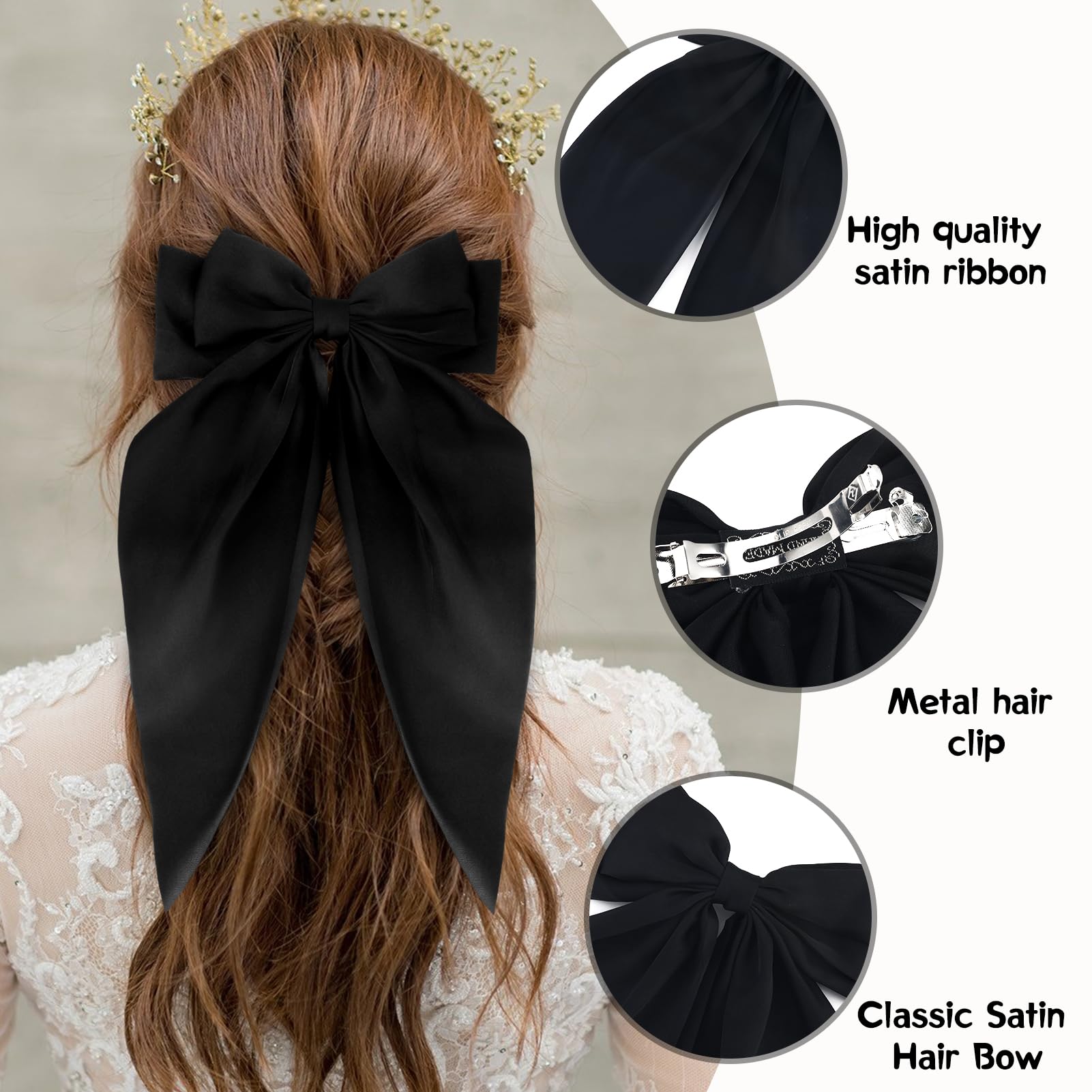 Zkptops 3Pcs Hair Bow Clips For Women Girls Silky Satin Bow Hair Clips Hair Ribbon With Long Tail Cute Oversized Hair Clips Soft