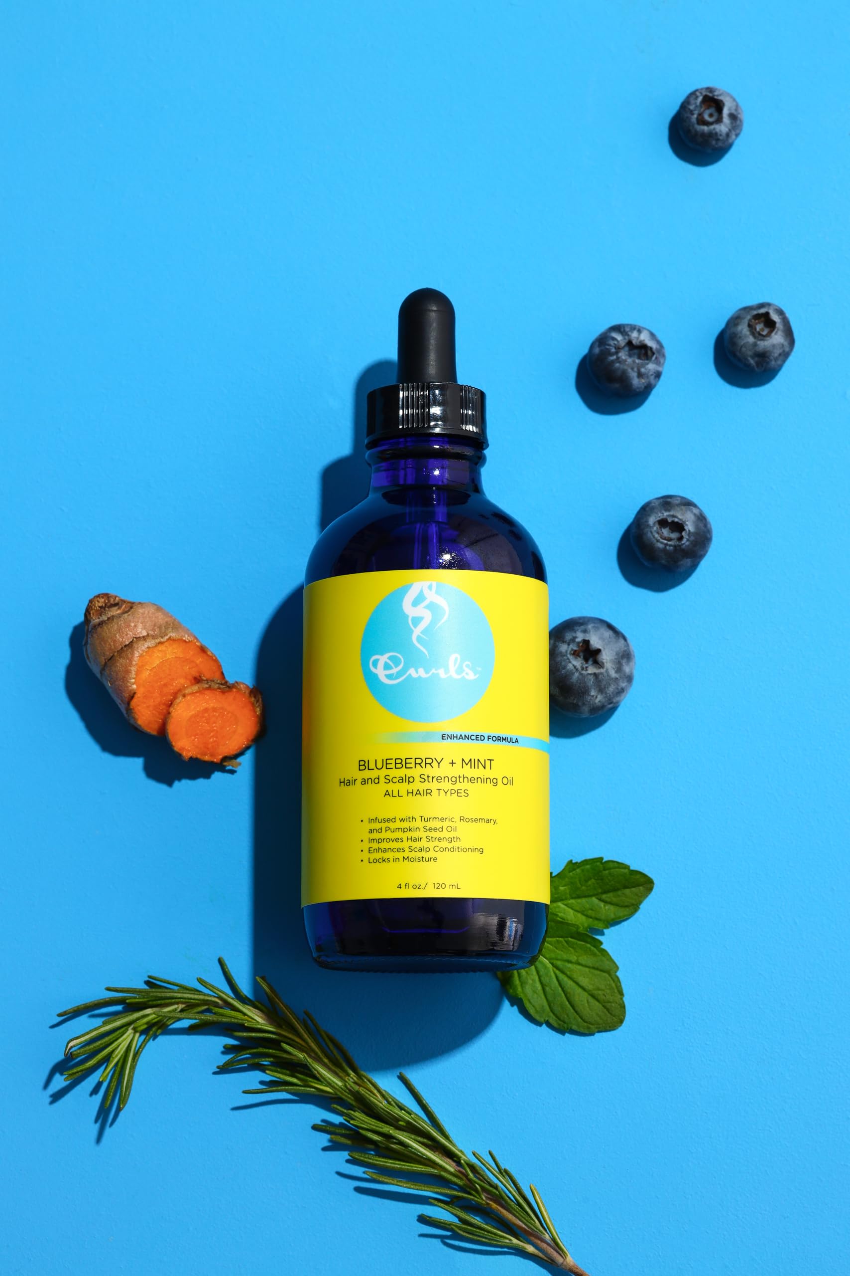 Curls Blueberry Bliss Blueberry & Mint Hair And Scalp Strengthening Oil - 4 Oz, Root-Penetrating Hair Oil With Turmeric, Rosemar