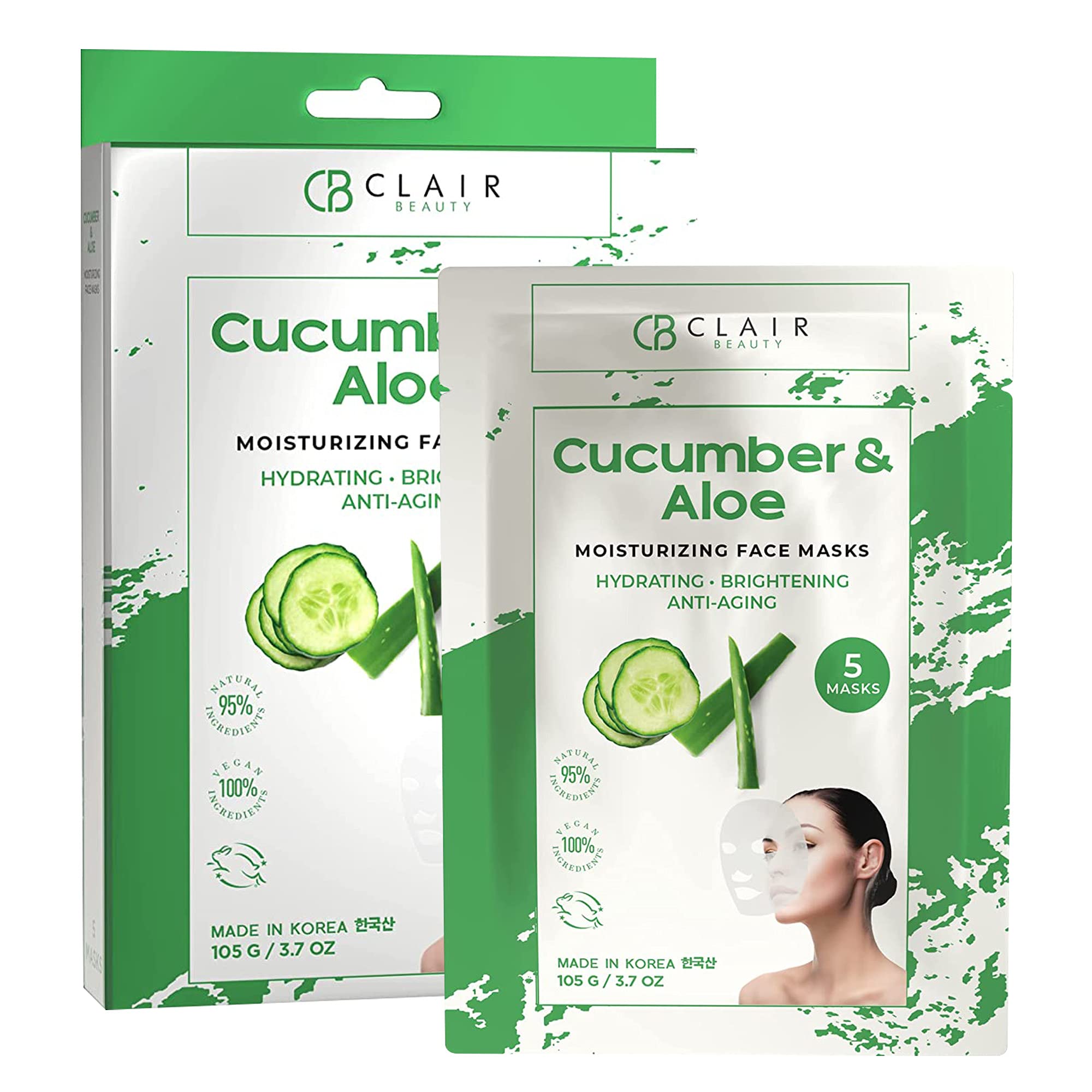 Clear Beauty Cucumber And Aloe Sheet Face Mask - Soothes Irritated Skin, Reduce Wrinkles & Fine Lines & Moisturizing - Cruelty F