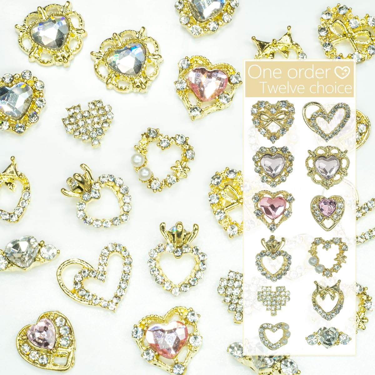 24Pcs Heart Nail Charms Luxury Alloy Charms For Nails, Qiipii 12 Pair 3D Gold Nail Art Rhinestones Nail Gems Golden Nail Crystal