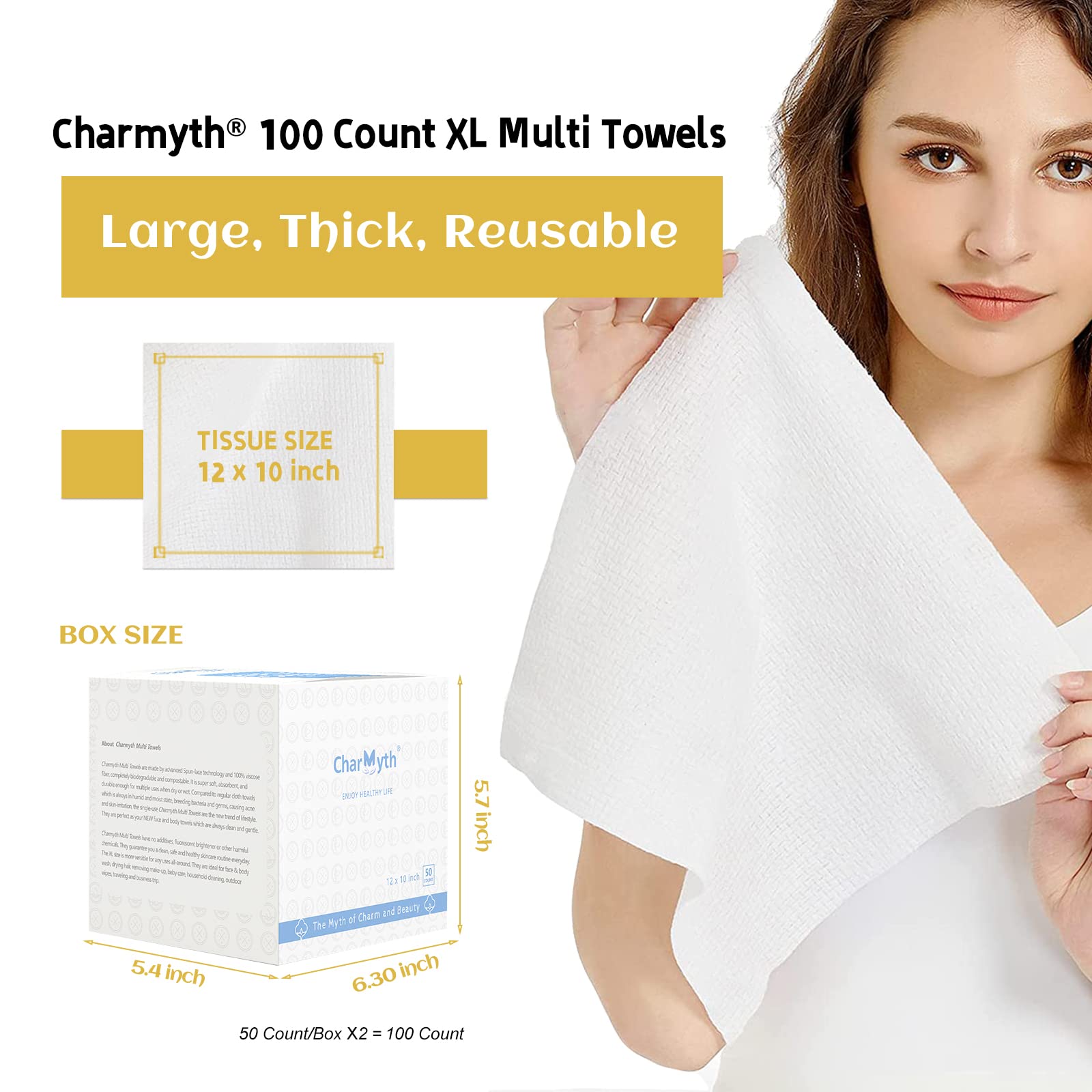 Charmyth Disposable Face Towel, Clean Face Tissue Skin Towel 100 Count Xl, Extra Thick Soft Disposable Makeup Remover Dry Wipes,
