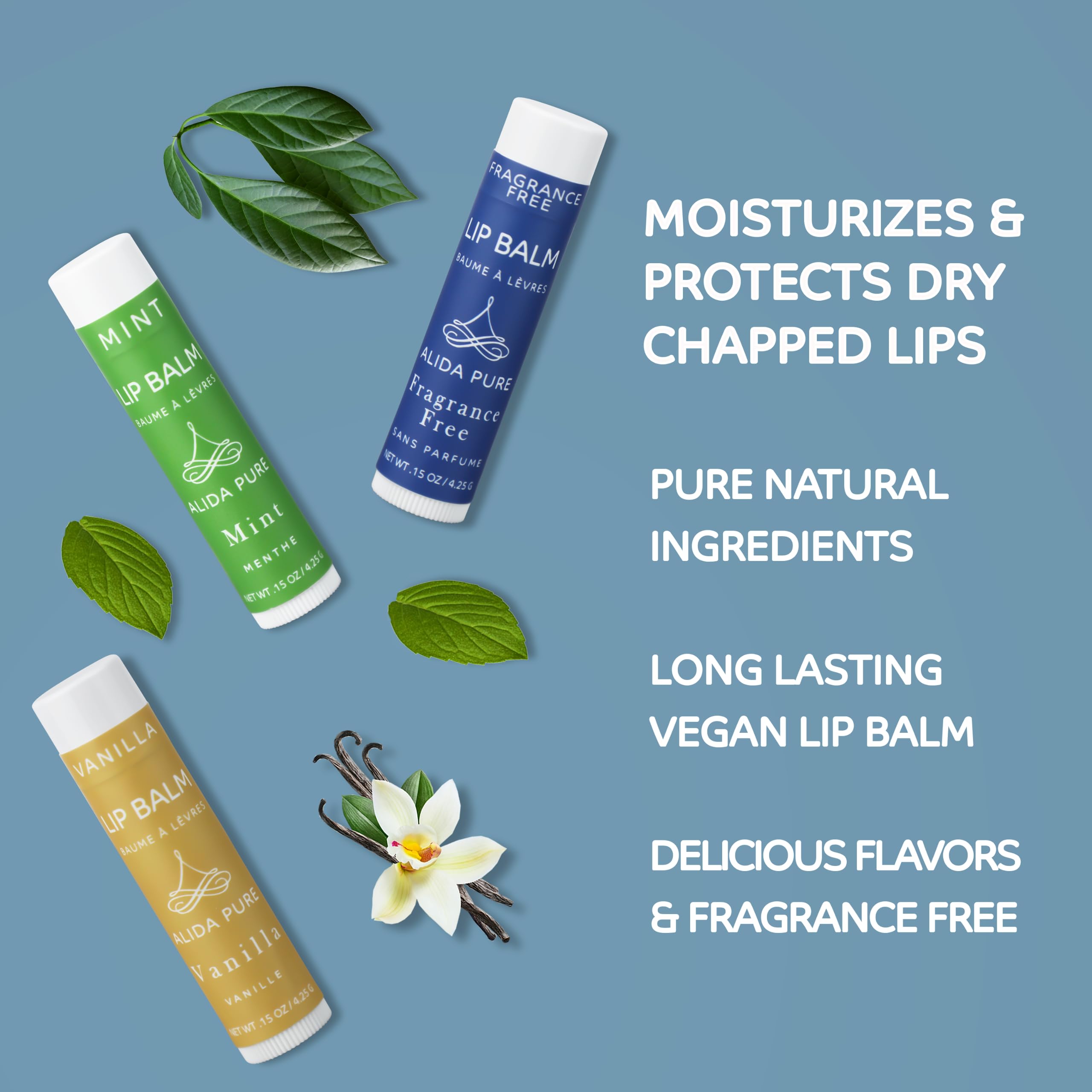 Alida Pure Favorites Lip Balm Collection, Vegan Lip Balm Set, Bees Wax Free, Coconut Oil Free, Avocado Oil, Organic Jojoba Oil,