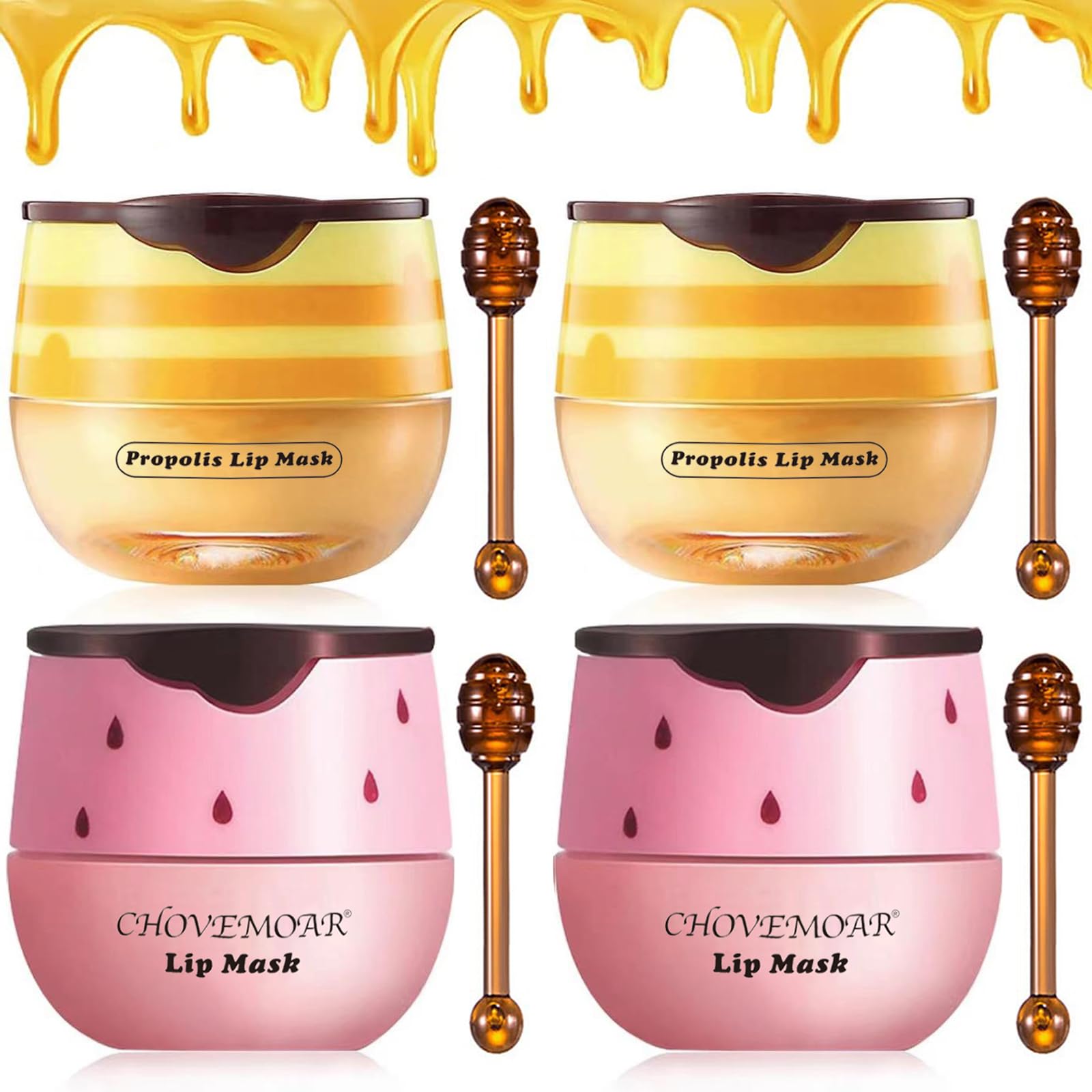4PCS Strawberry & Honey Lip Balm, Vitamin E Moisturizing Propolis Sleeping Lip Mask, Effective Reduces Lip Lines Prevention Dry 