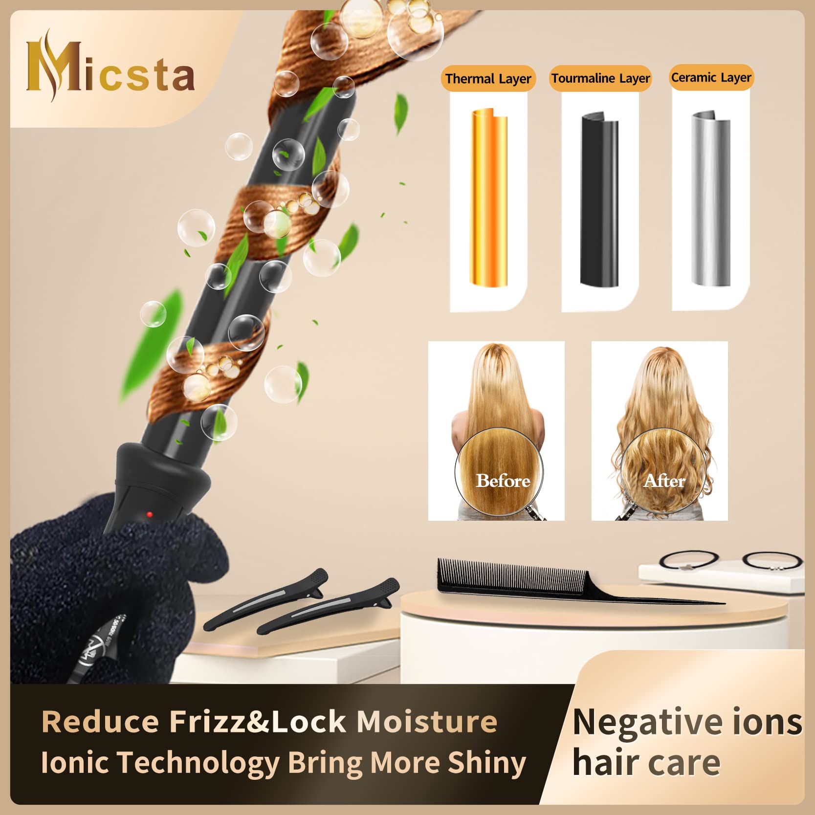 Curling Wand Long Barrel 1 Inch For Short & Long Hair, Micsta Curling Iron Hot Styling Tools Ceramic Coated For Beach Waves,Nega
