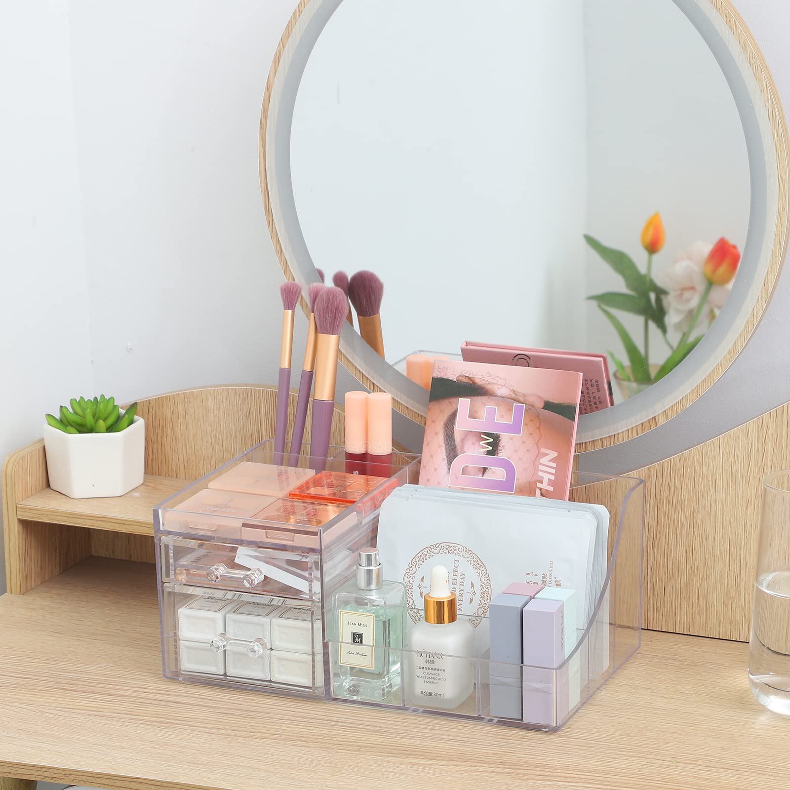 Cq Acrylic 1 Pack Clear Skincare Organizer For Vanity,Stackable 2 Drawers Make Up Organizer,Cute Cosmetic Organizer For Vanity J