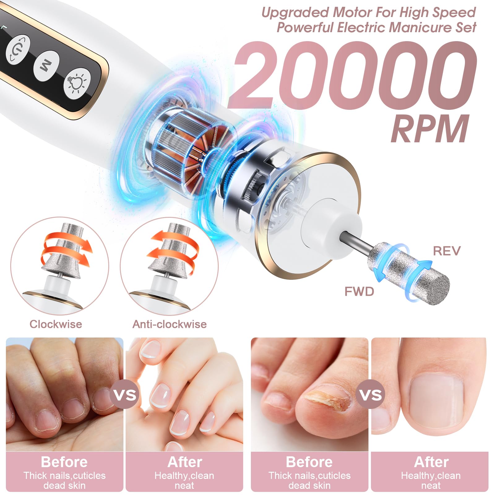 Hoxida Professional Manicure Pedicure Kit - Cordless Electric Nail Drill with 10 Speeds & 360? LED Light for Thick Nails, Hand & Foot Care