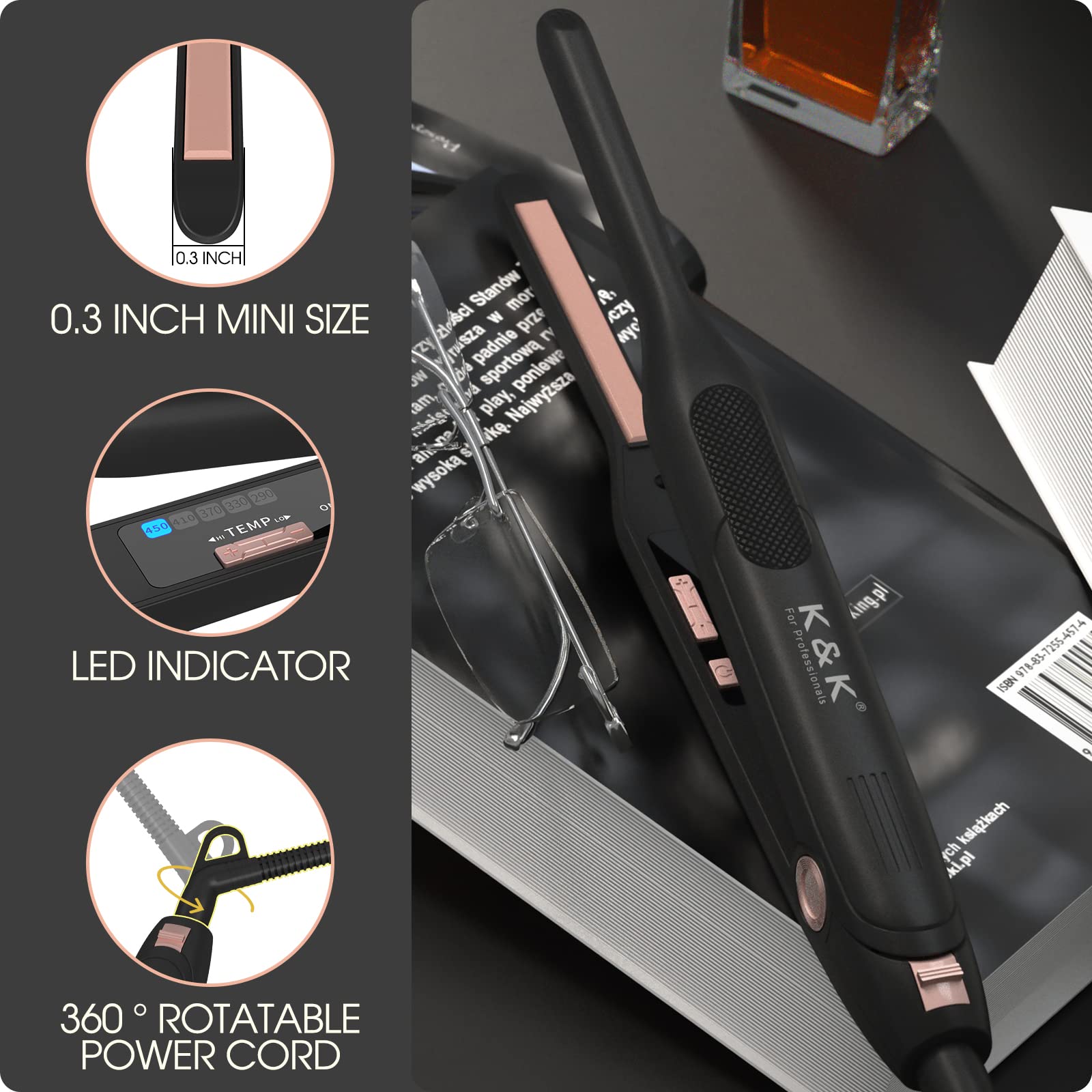 K&K Mini Flat Iron For Short Hair 3/10 Inch Small Hair Straightener For Pixie & Beard Creamic Flat Iron For Women Dual Voltage,