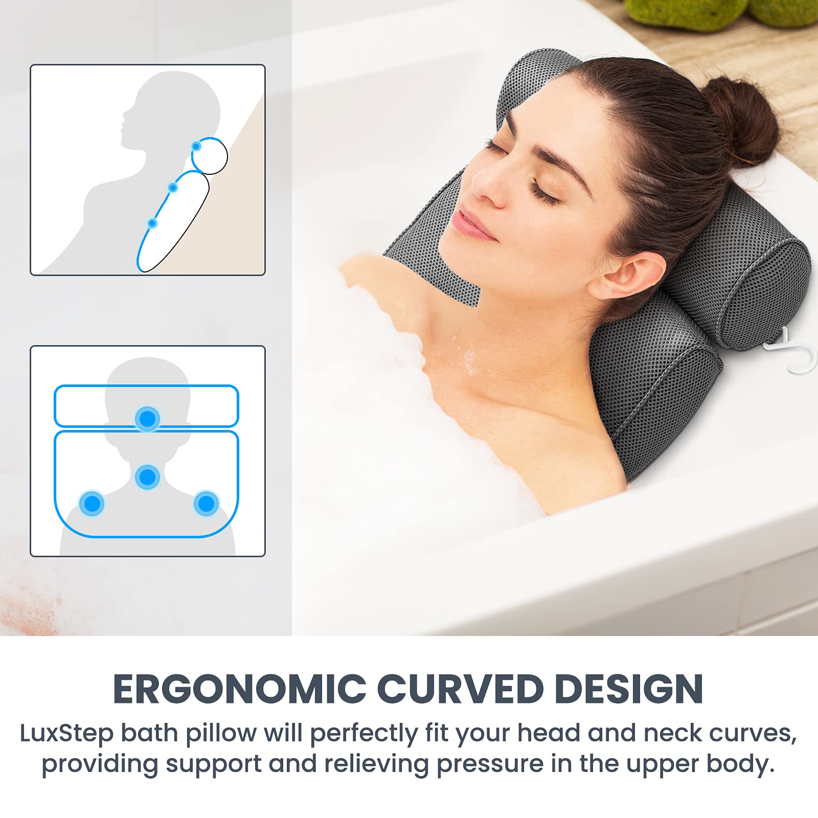 Luxstep Bath Pillow Bathtub Pillow With 6 Non-Slip Suction Cups,14.6X12.6 Inch, Extra Thick And Soft Air Mesh Pillow For Bath -