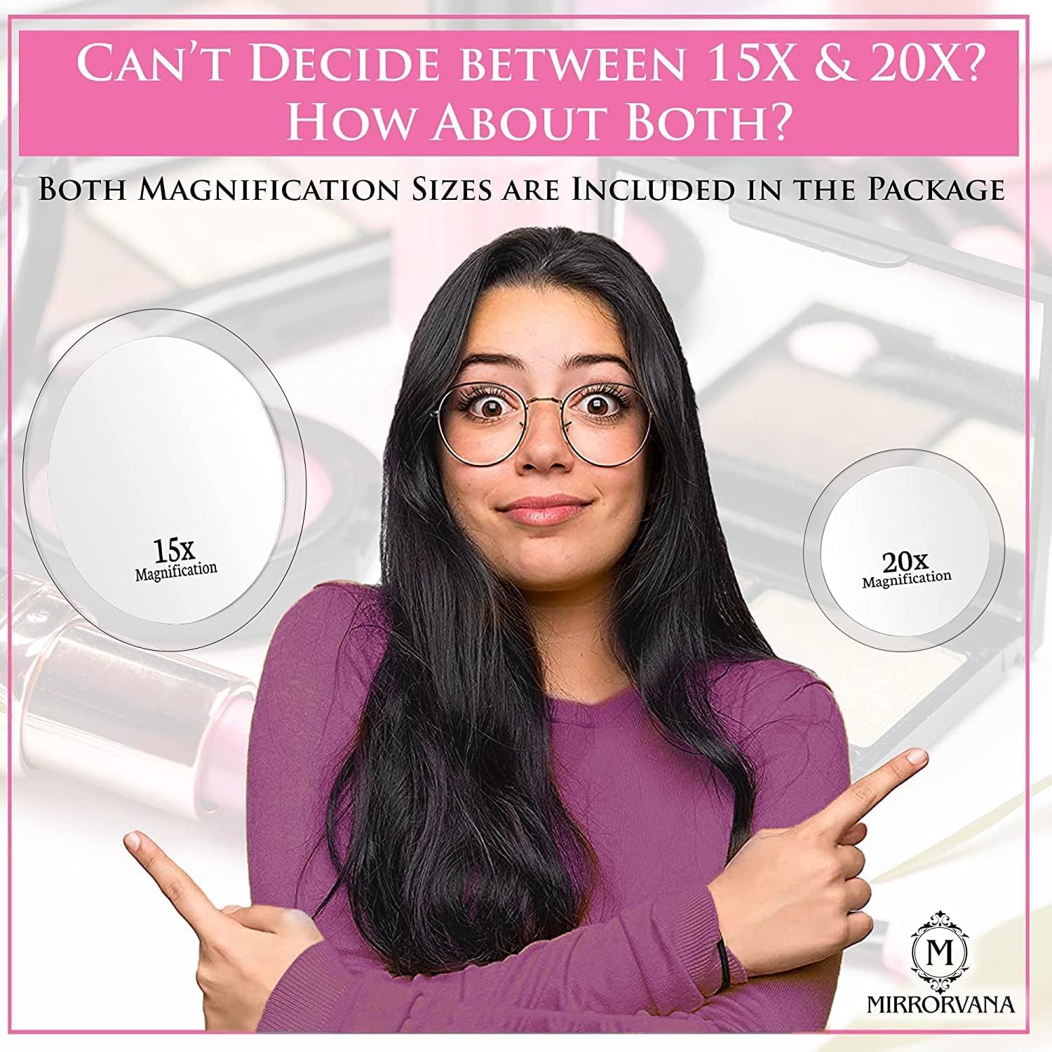 Mirrorvana 20X & 15X Magnifying Mirror Set With 3 Suction Cups Each - Compact & Travel Ready Mirror For Makeup - Sizes: 6'' And