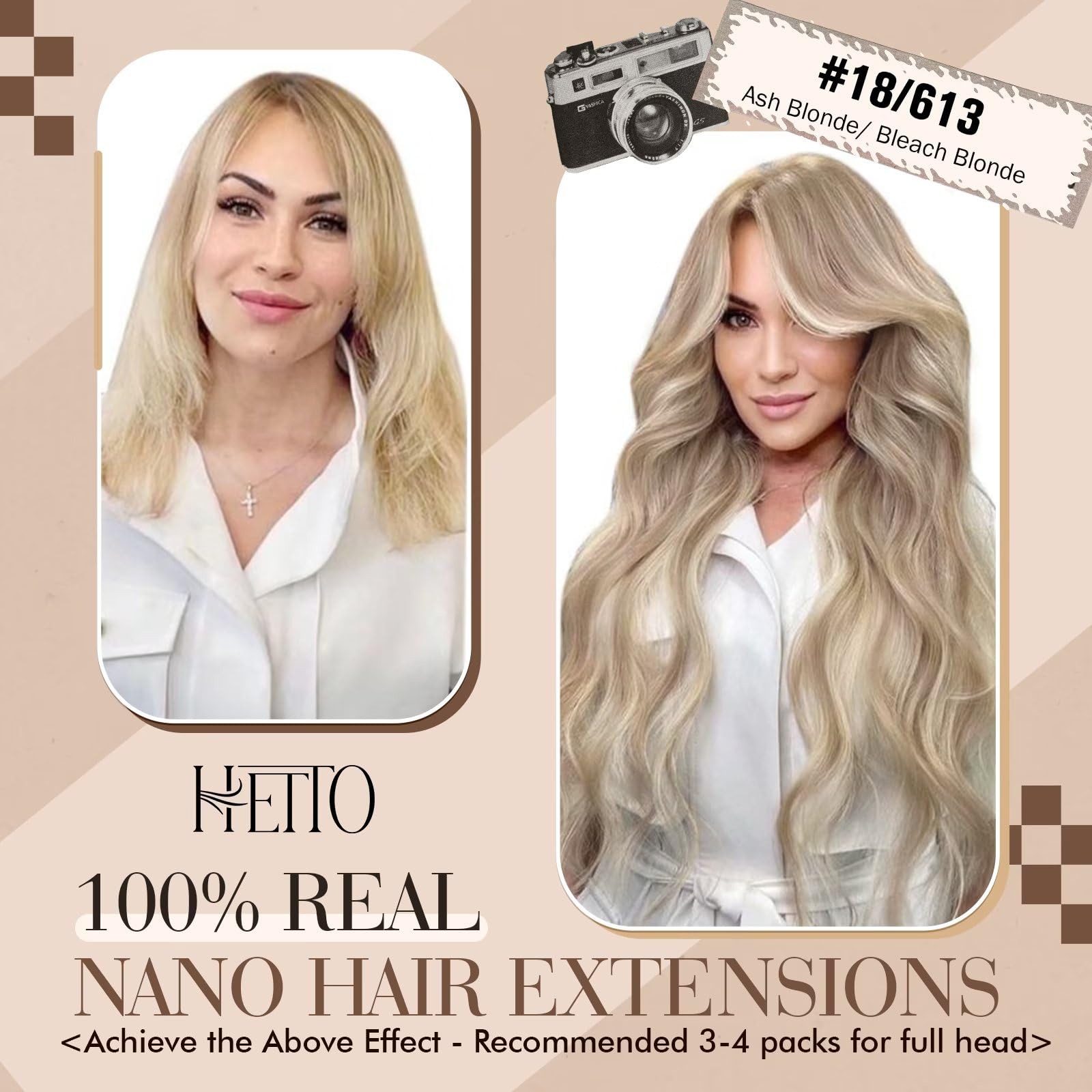 Hetto 22 Inch Nano Link Hair Extensions Human Hair #18 Dark Ash Blonde Highlighted #613 Bleach Blonde Nano Beads Human Hair Exte