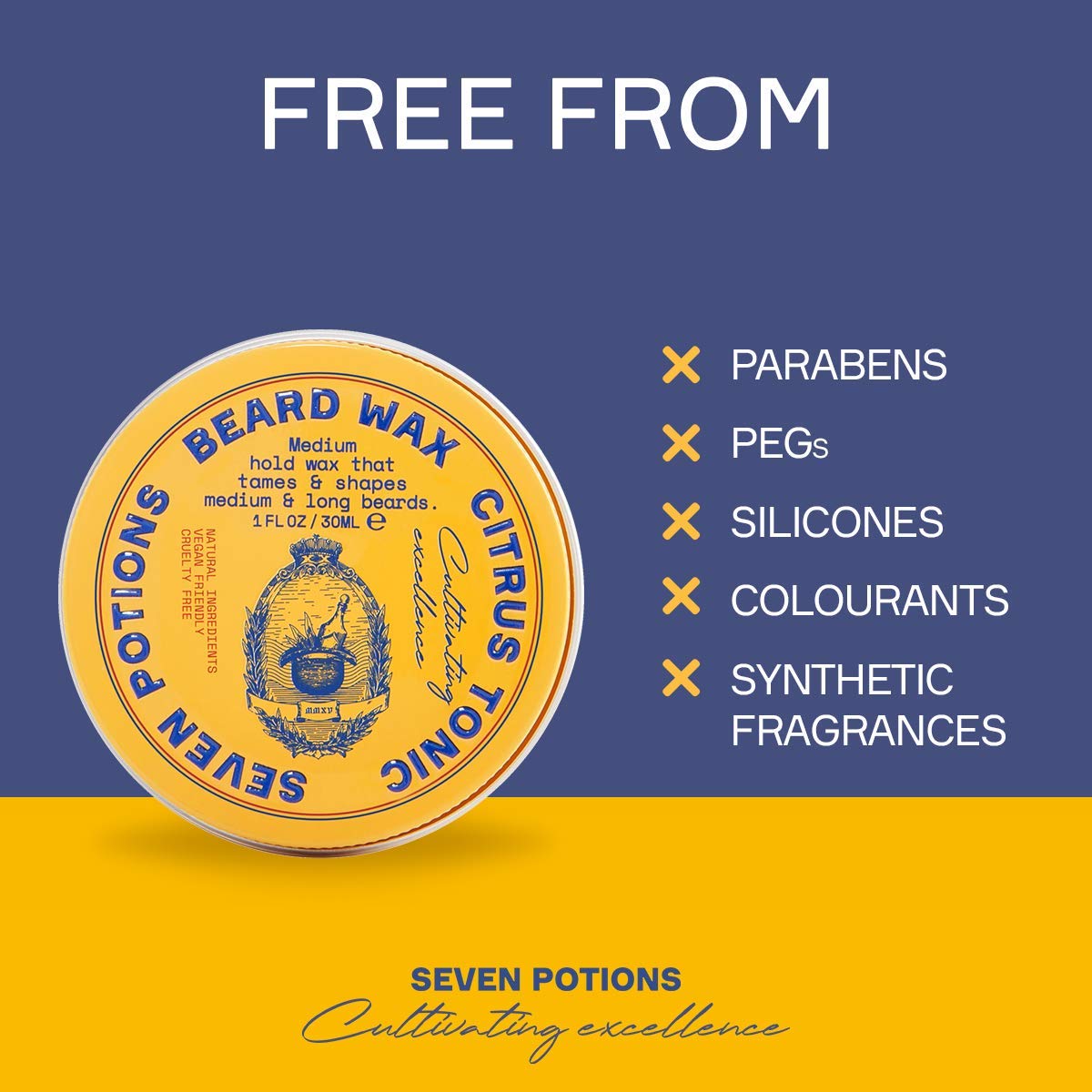 Seven Potions Beard Wax For Men - Medium Hold Styling Wax To Shape And Nourish Your Beard - All-Natural, Vegan, Cruelty Free - C