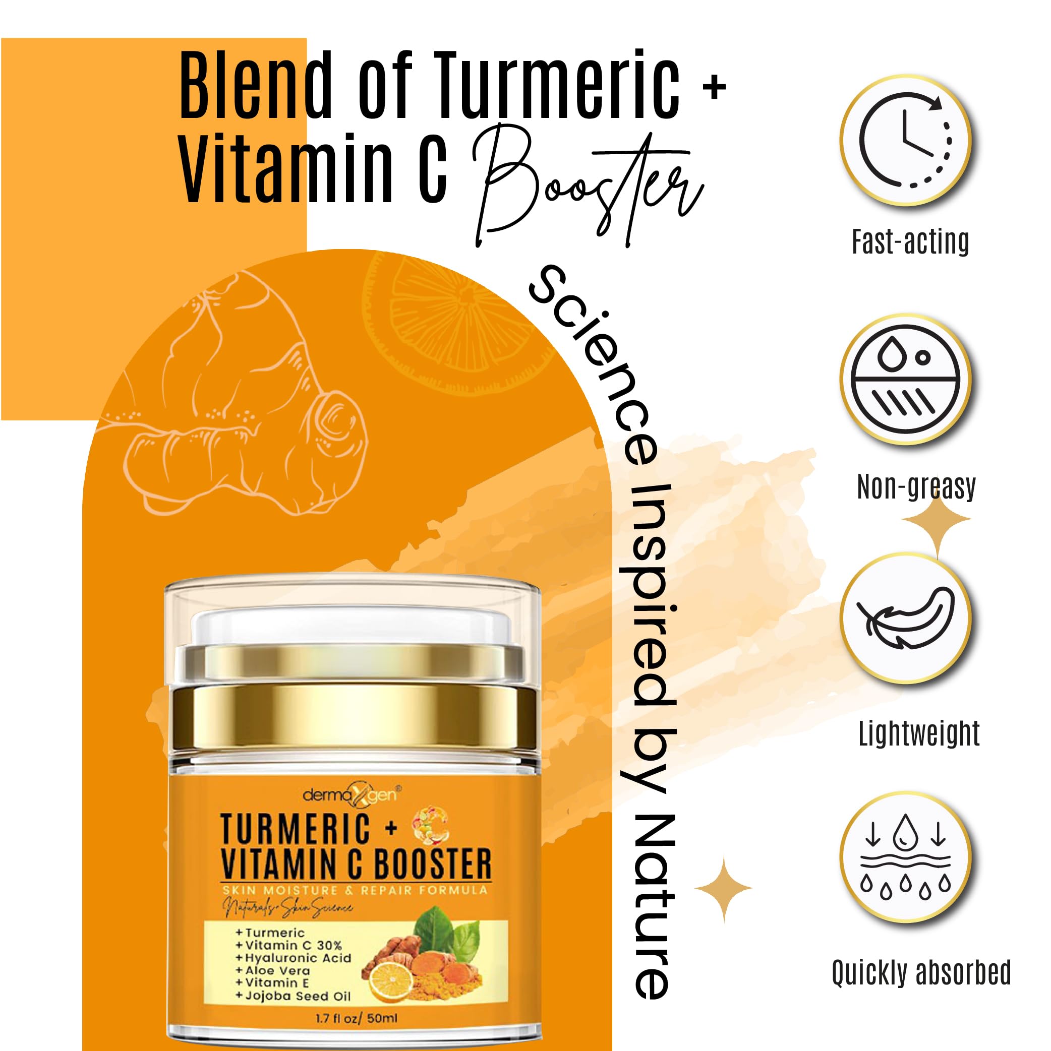 Dermaxgen Turmeric + 30% Vitamin C Face Glow Booster Moisturizer & Skin Repairing Cream - With Hyaluronic Acid, Organic Ingredie