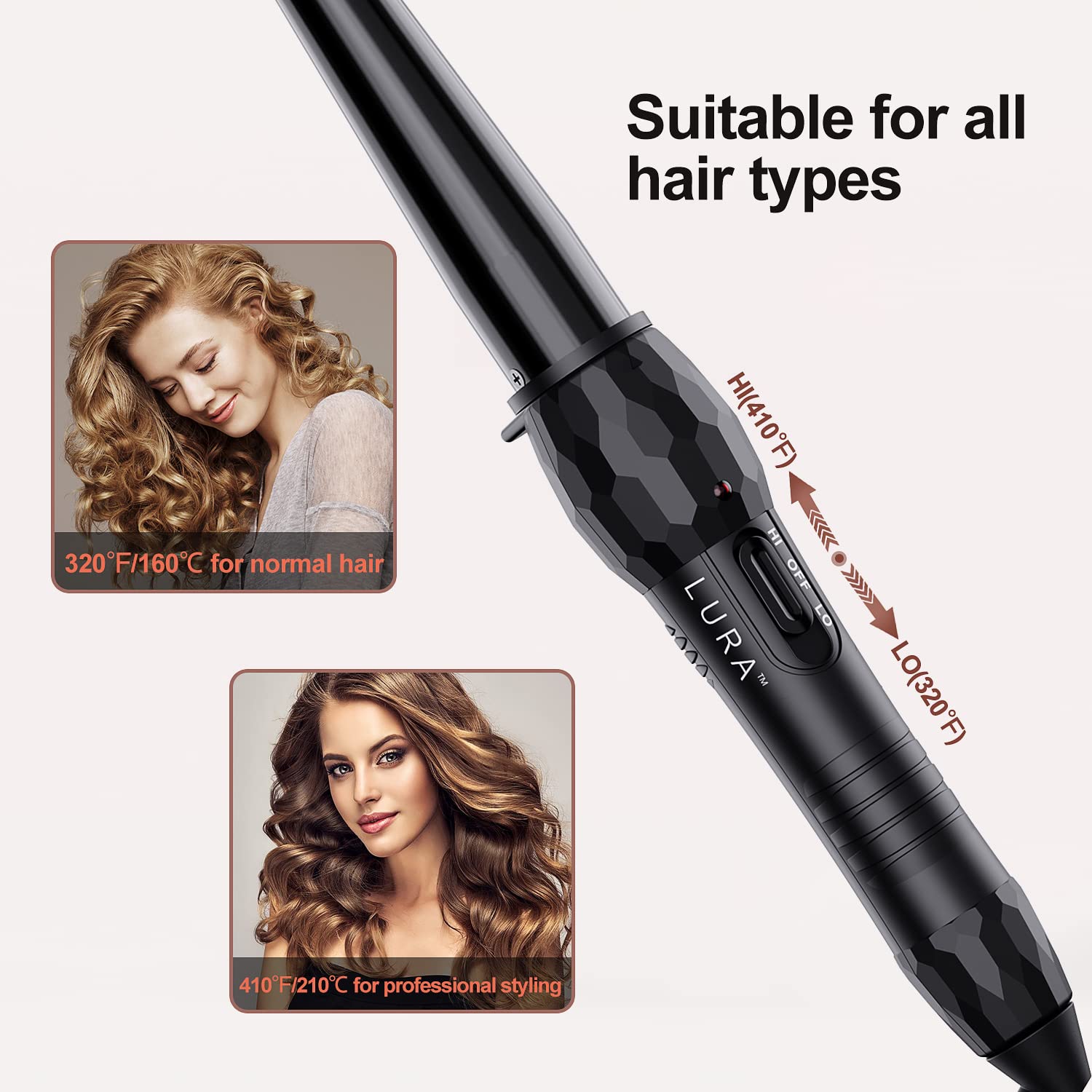 Lura Ceramic Tourmaline Coating Curling Wand, 3/4-1 1/4 Inch Barrel Hair Curler With 2 Heat Setting (320/410?), Suitable For All