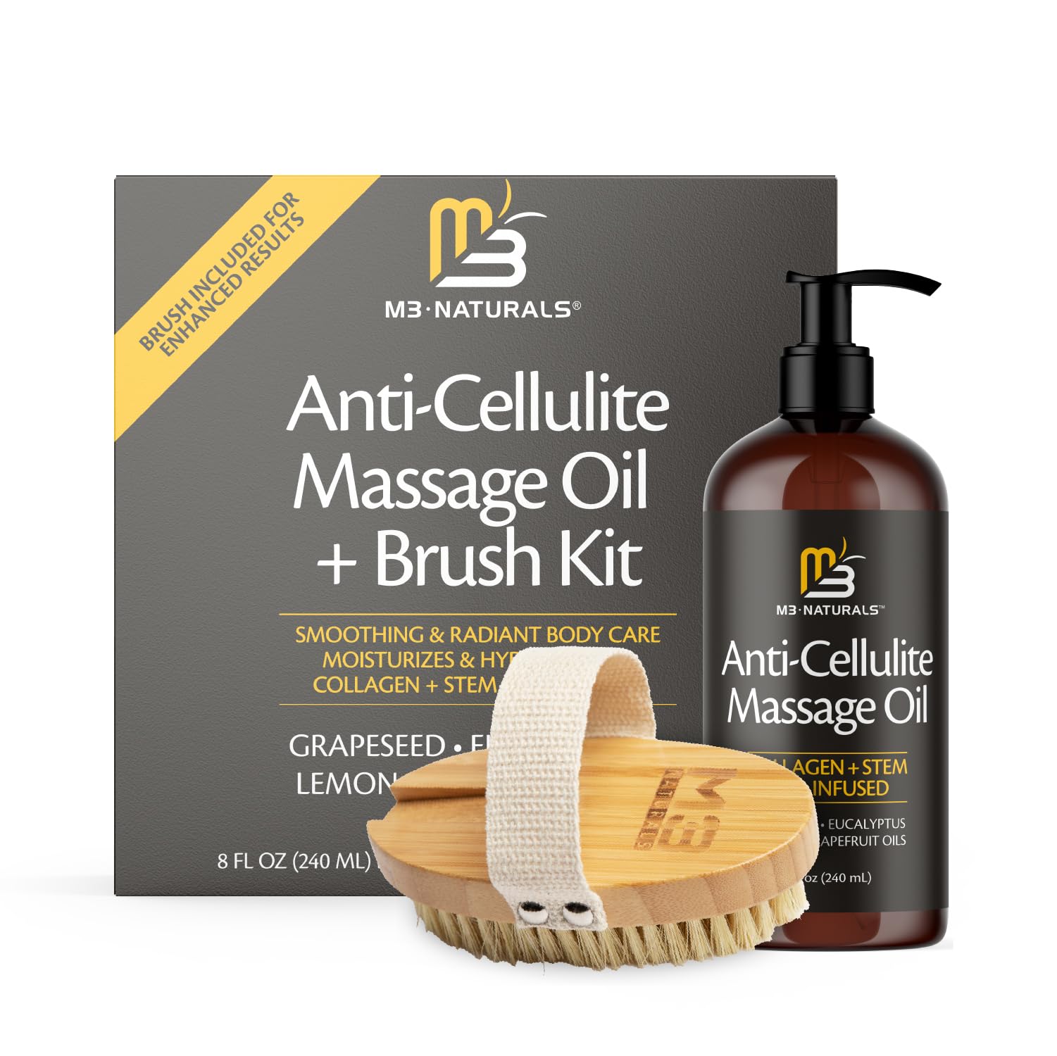 M3 Naturals Anti Cellulite Massage Oil & Firm Dry Brush Kit - Collagen & Stem Cell Skin Tightening, 4 Fl Oz (Pack of 2) for Radiant Skin