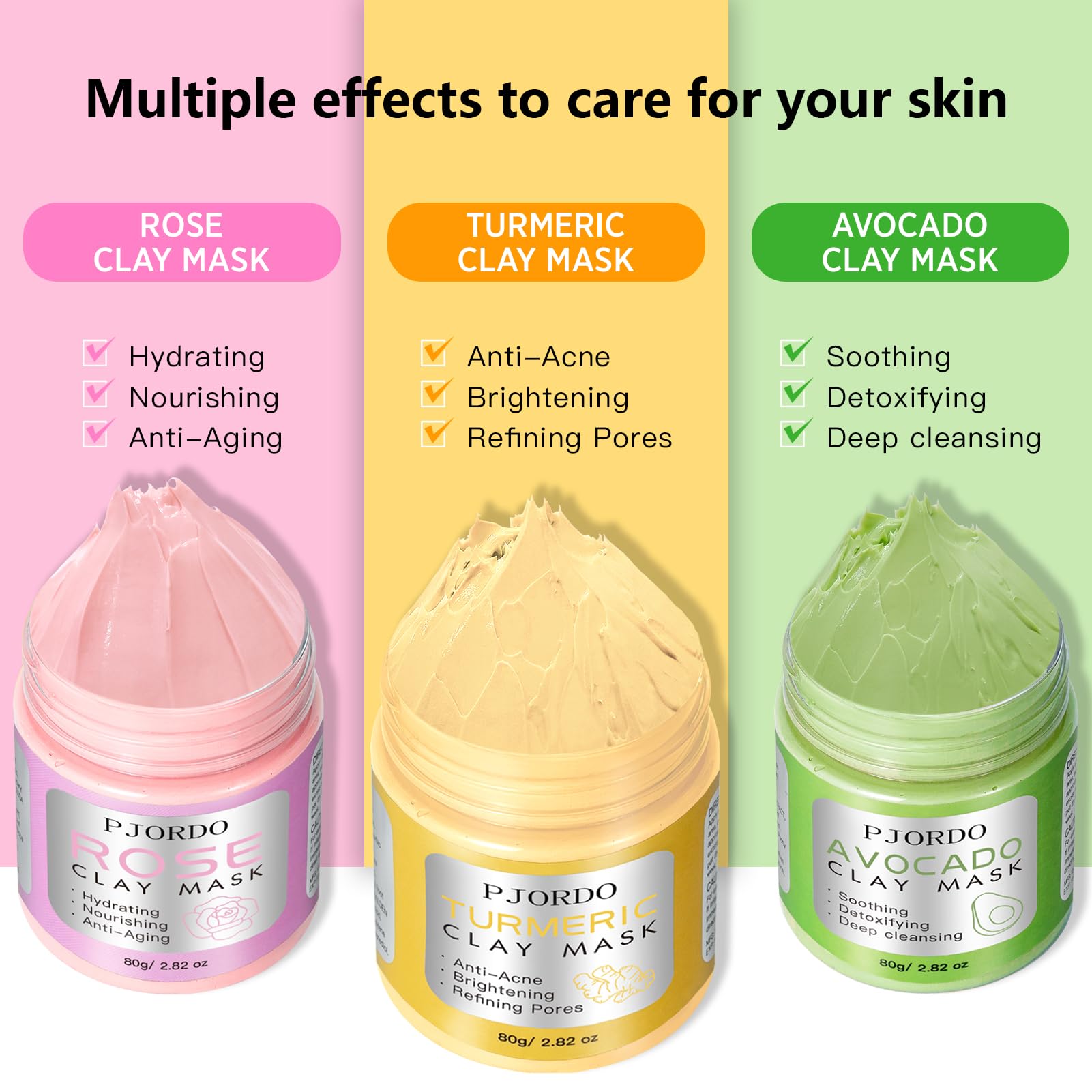 Pjordo Clay Mask Kit, Turmeric Vitamin C Clay Mask, Avocado Clay Mask, Rose Clay Mask, Facial Mask Skin Care Set For Deep Cleans