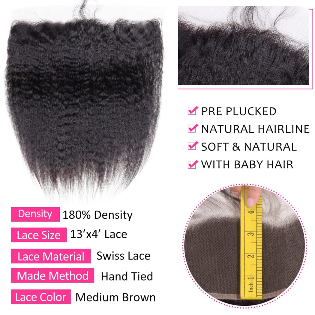 Odir Kinky Straight Bundles With 13X4 Frontal Brazilian Human Hair 18 20 22+16 Inch Unprocessed 9A Yaki Straight Virgin Hair 3 B
