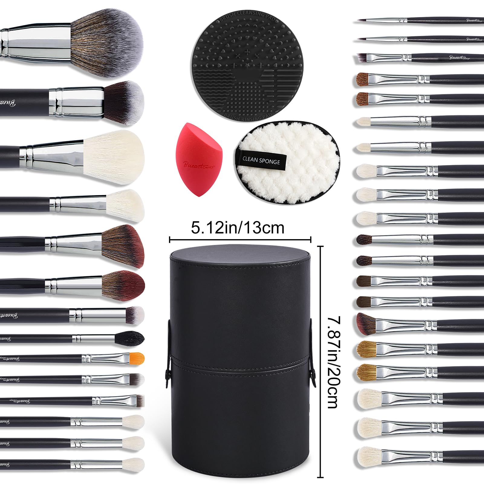 Bueart Design Pro Makeup Artist 34Pcs Deluxe Real Goat Hair Horse Hair Makeup Brushes Set With Extra Large Holder High End Profe