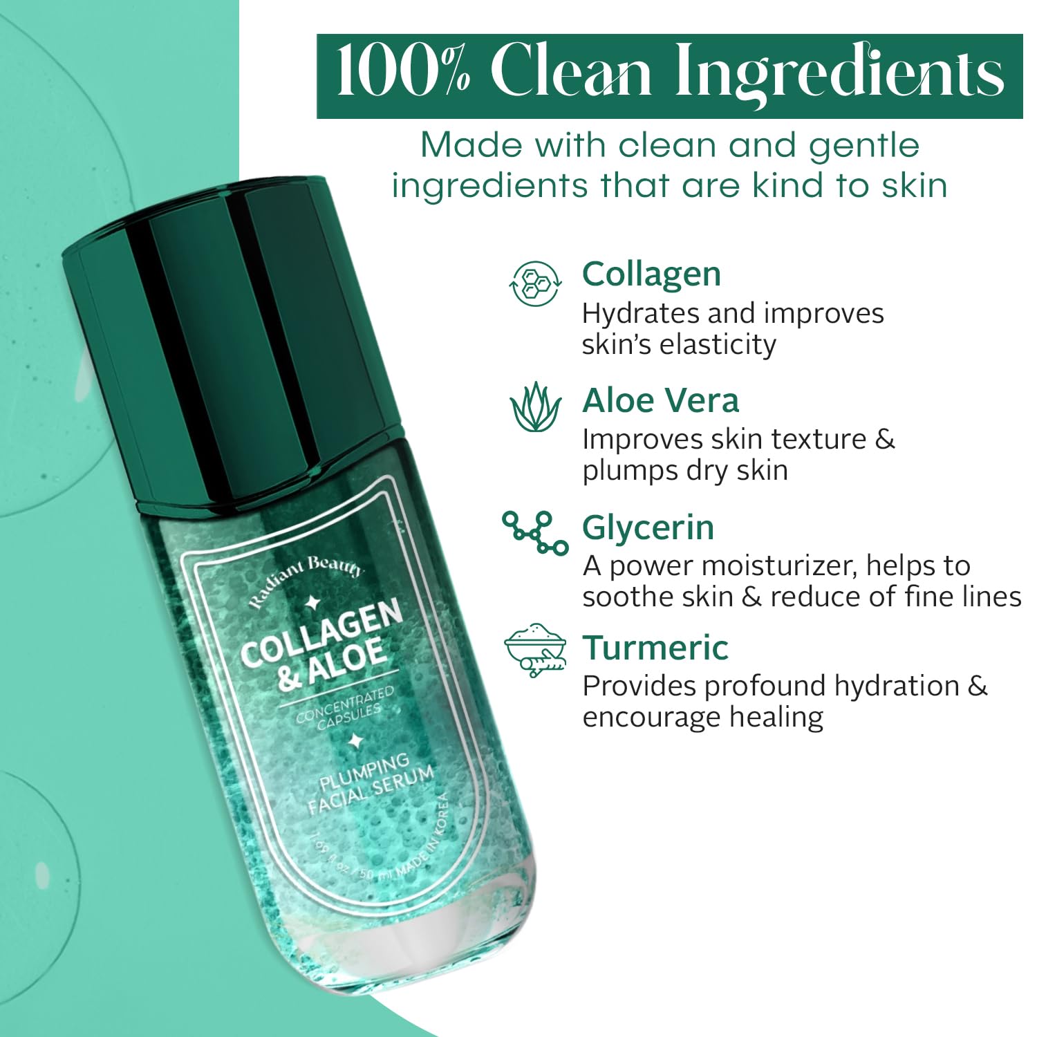 Radiant Beauty Collagen & Aloe Plumping Facial Serum - Soothing & Moisturizing - Reduces Wrinkles & Fine Lines, Combats Dark Spo