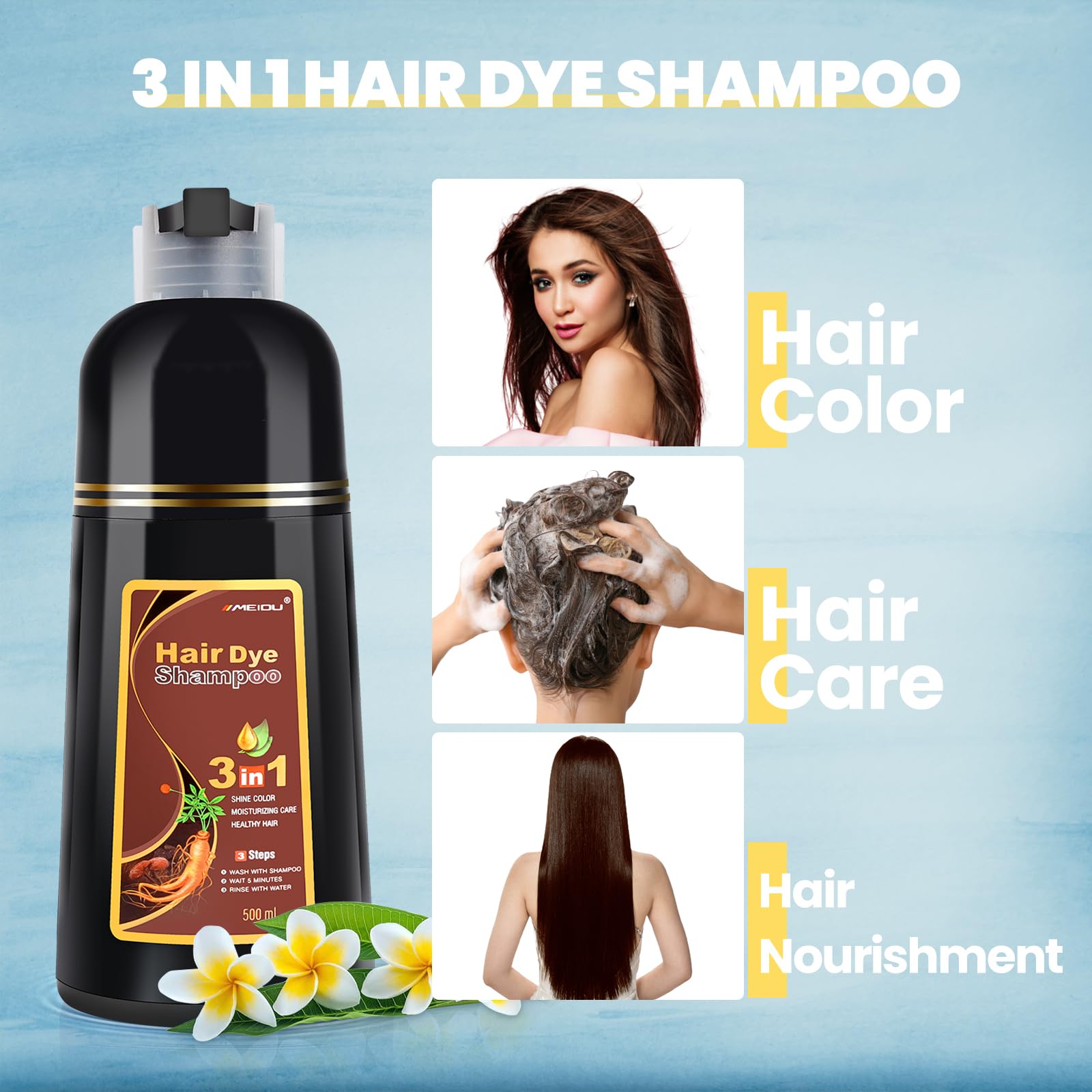Bojica Meidu Dark Brown Hair Color Shampoo For Gray Coverage, Instant 3-In-1 Hair Dye For Women (16.9 Fl Oz)