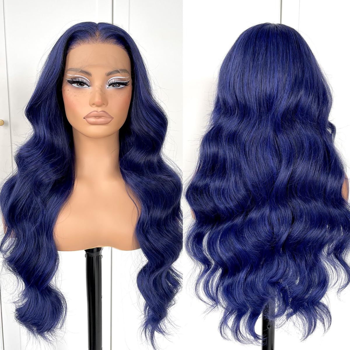 Mitimes Dark Blue Wigs Blue Lace Front Wig Pre Plucked Glueless Long Body Wave Lace Front Wig For Fashion Women Transparent Lace