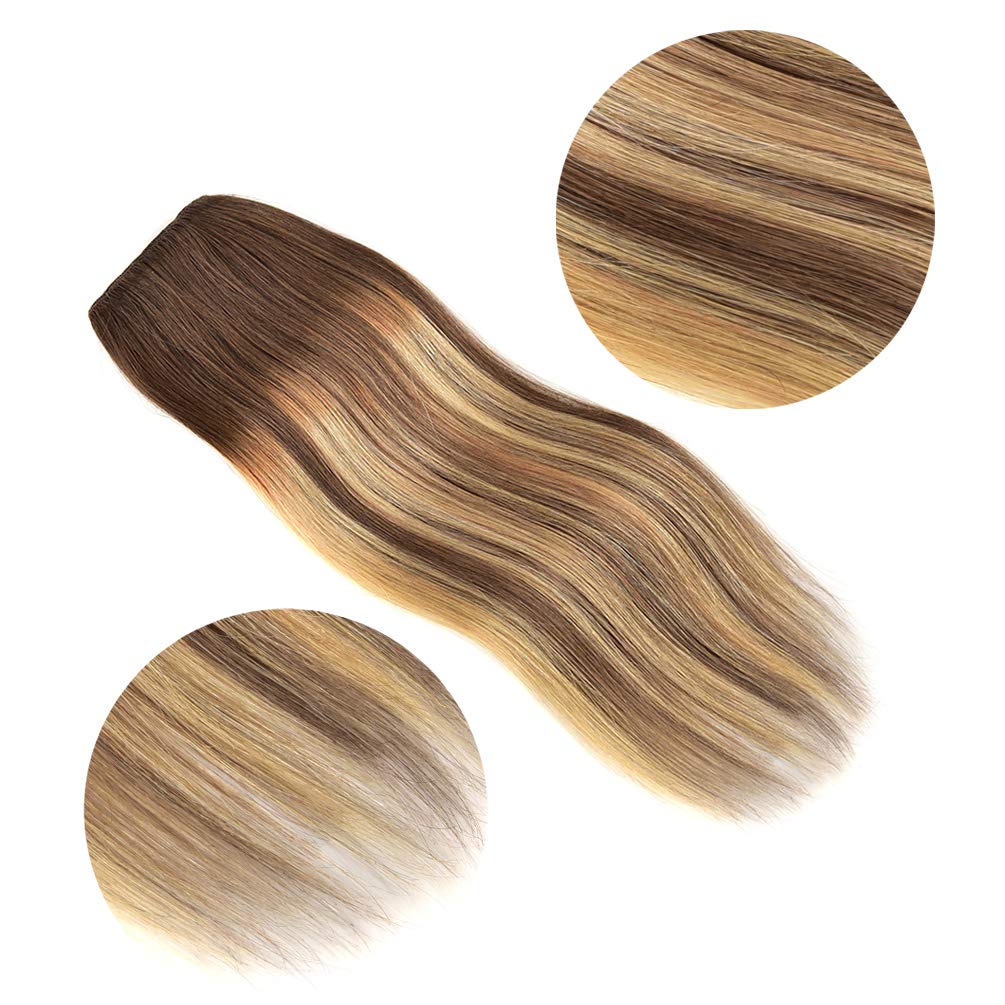 5 Pieces 14'' Remy Clip In Hair Extensions Human Hair Light Brown To Dirty Blonde Highlight Brown Ombre - Silky Straight Short T