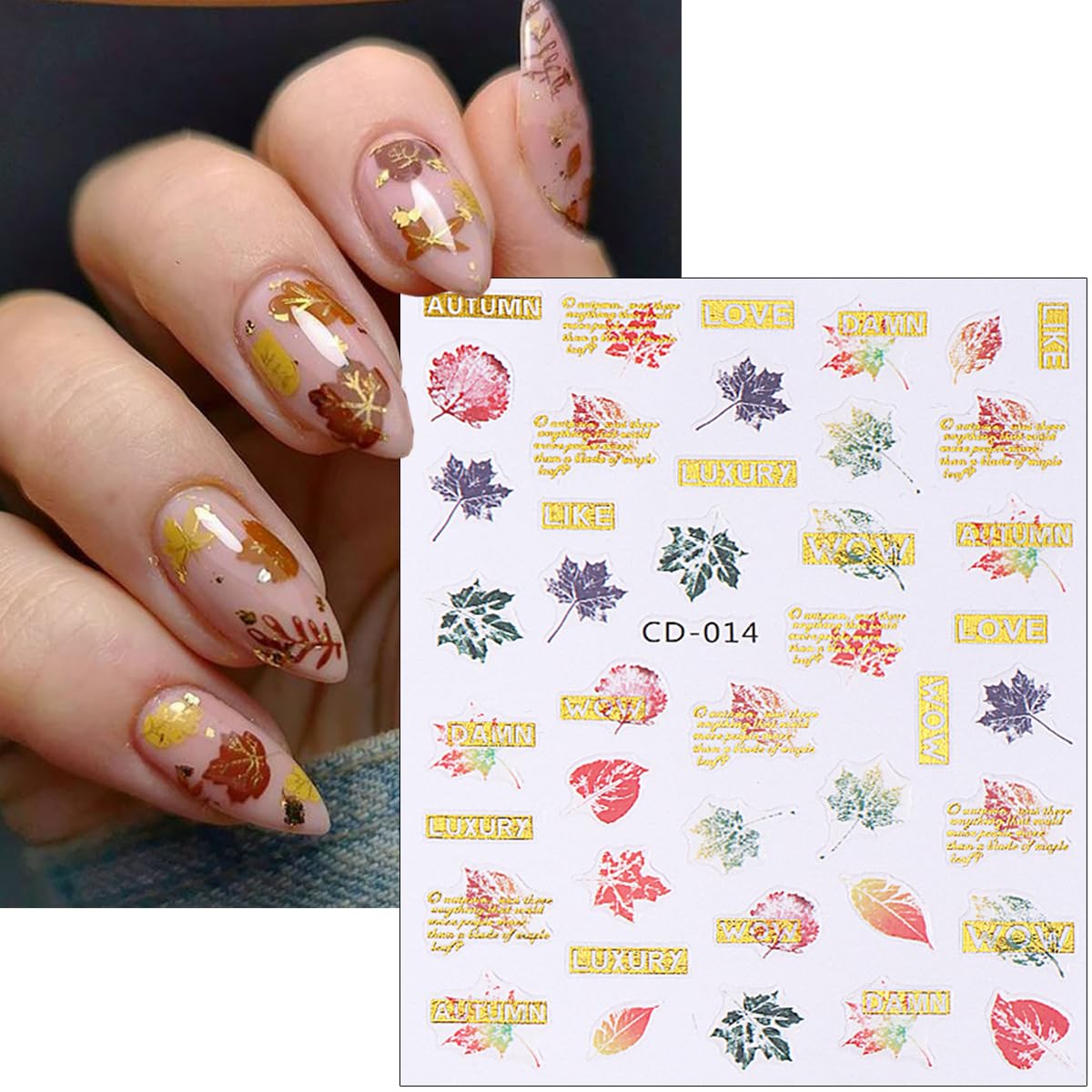 Fall Nail Art Stickers Decals Autumn Yellow Leaves Nail Decals Bronzing Thanksgiving Nail Stickers 3D Pinecone Maple Leaf Nail A