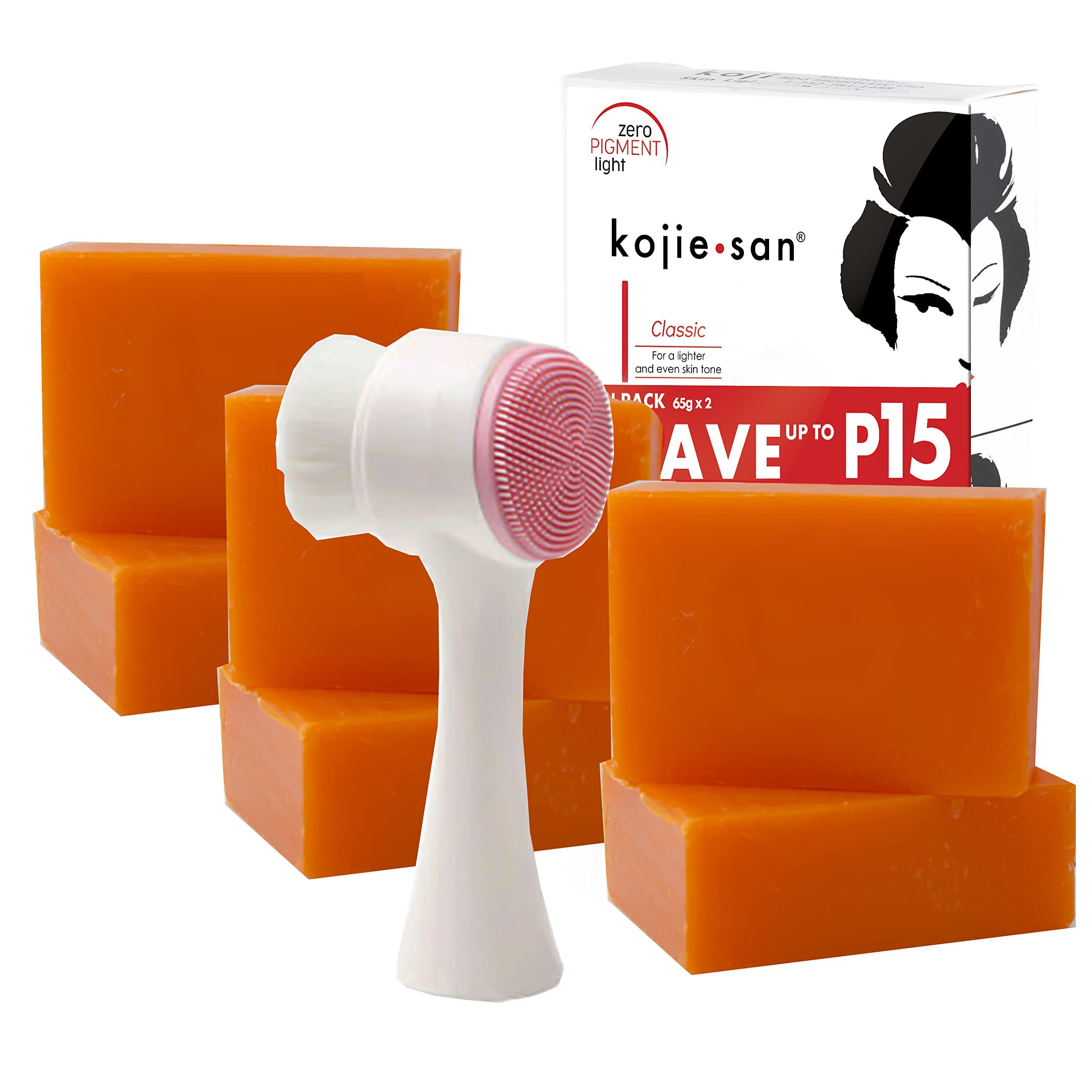 Kojie San Skin Brightening Brush Set - Original Kojic Acid Soap That Helps Reduces Dark Spots & Other Types of Skin Damage - 65g