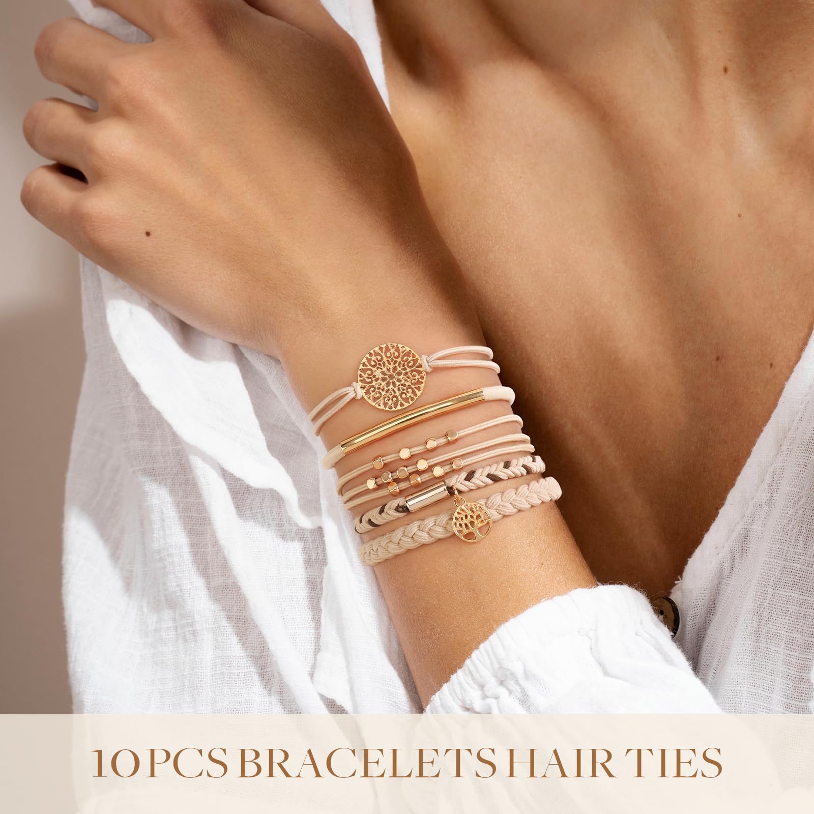 10 Boho Bracelets, Braided & Stretch Hair Ties For Thick/Thin Hair, 5 Styles, Light Coffee Colors - No Damage Ponytail Holders