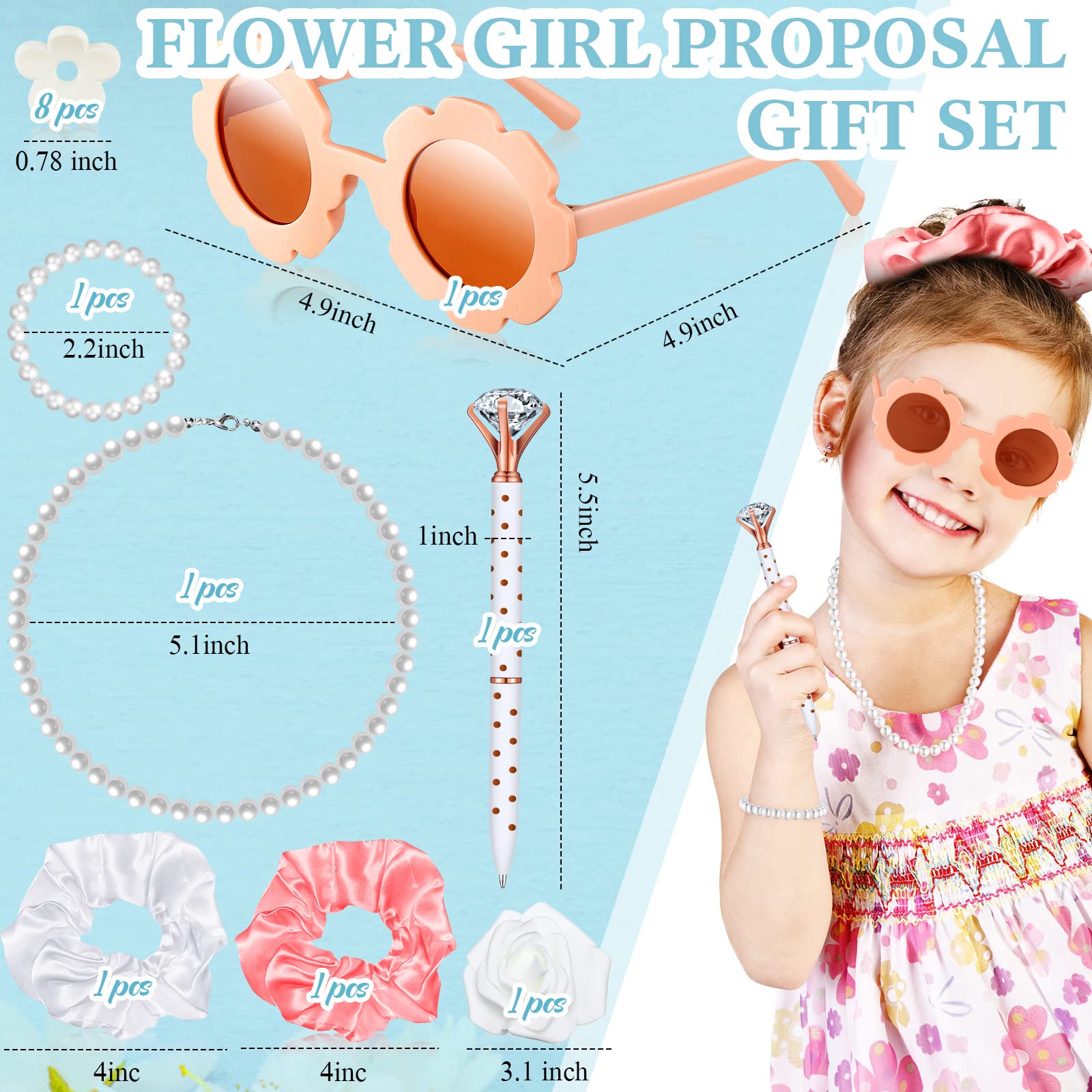 16 Pcs Flower Girl Proposal Box Kit Gifts Round Glasses Necklace Pearl Bracelet Diamond Pen Hair Scrunchies Rose Will You Be My