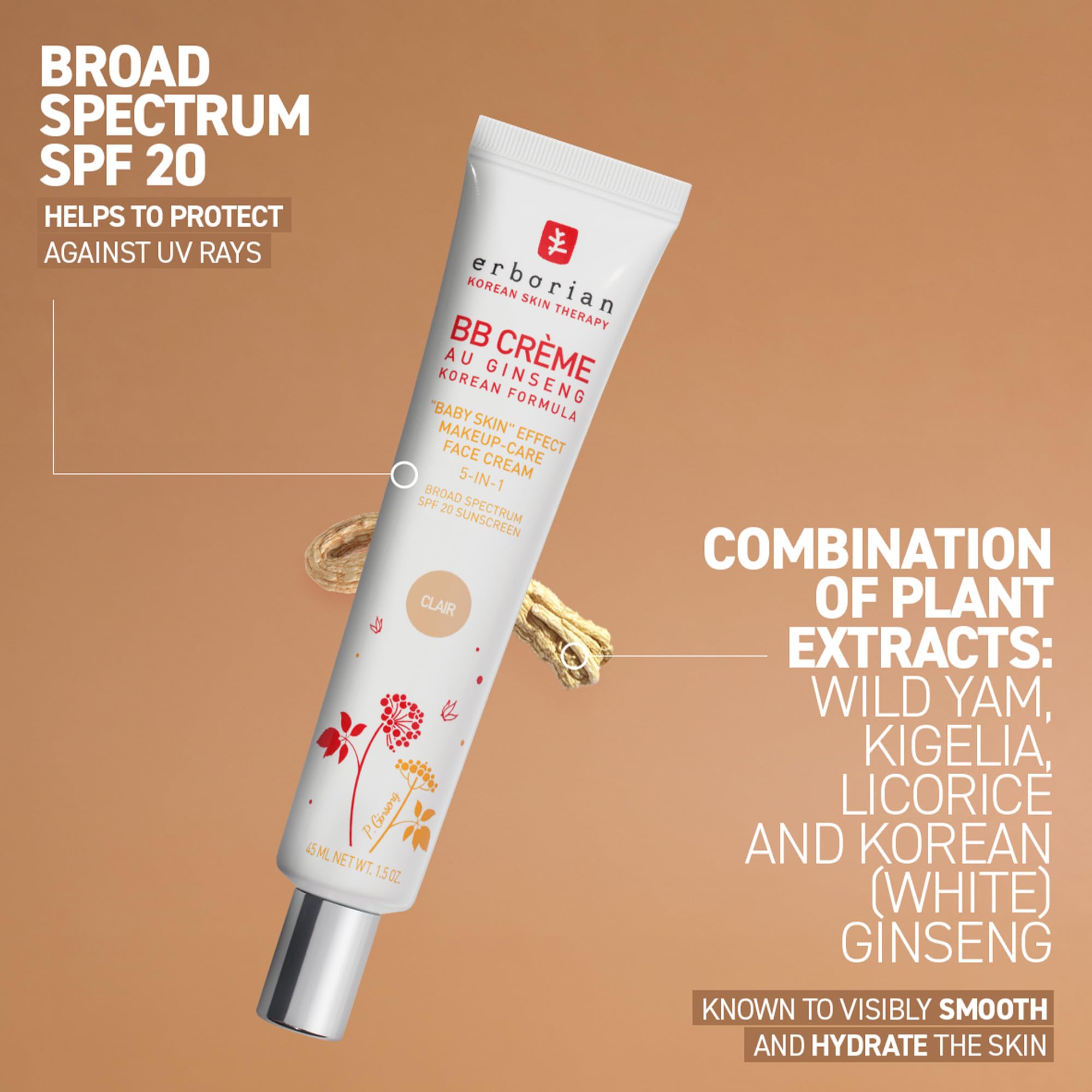 Erborian Bb Cream With Ginseng, Tan (Dore) - Lightweight Buildable Coverage With Spf 20 & Ultra-Soft Matte Finish Minimizes Pore
