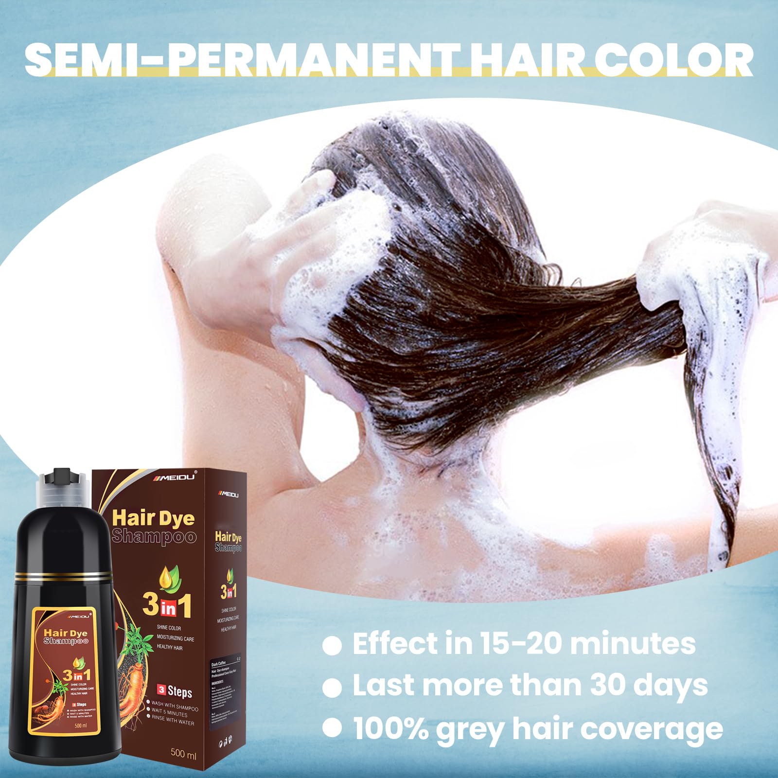 Bojica Meidu Dark Brown Hair Color Shampoo For Gray Coverage, Instant 3-In-1 Hair Dye For Women (16.9 Fl Oz)