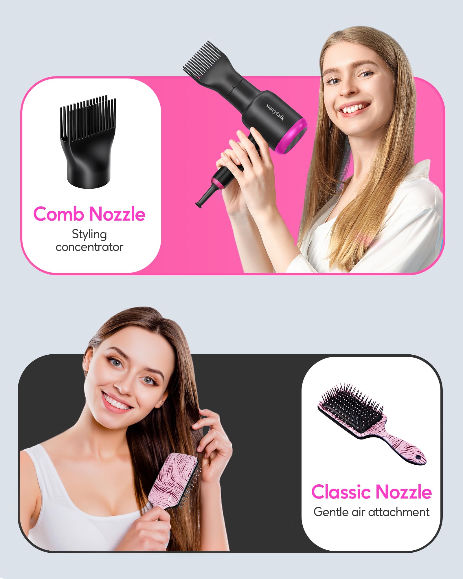 Wavytalk Professional Black Ionic Hair Dryer For Women With Diffuser, 1875W Ceramic Blow Dryer, 4 Attachments For Fast Drying, L