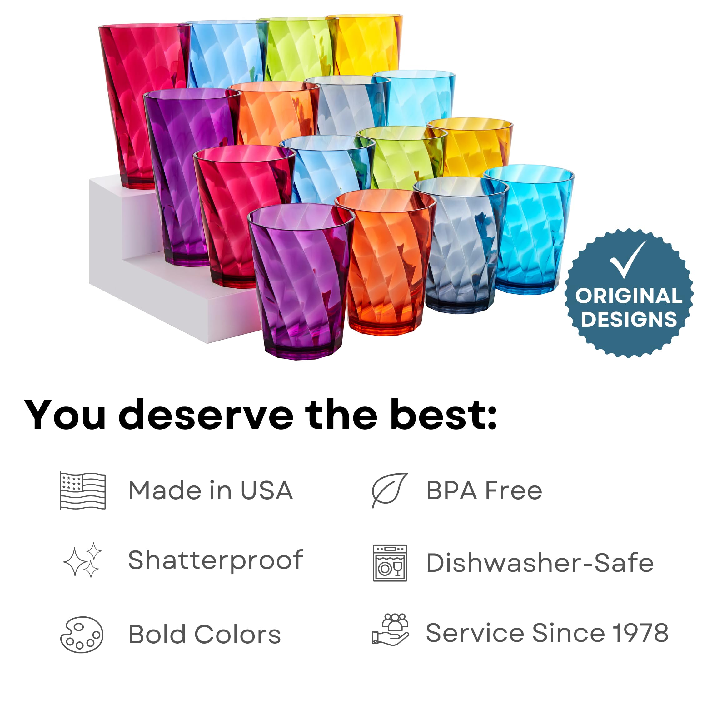 Us Acrylic Optix 16-Piece Plastic Stackable Tumblers In Jewel Tone Colors 8 Each: 14-Ounce Rocks And 20-Ounce Water Drinking Cup