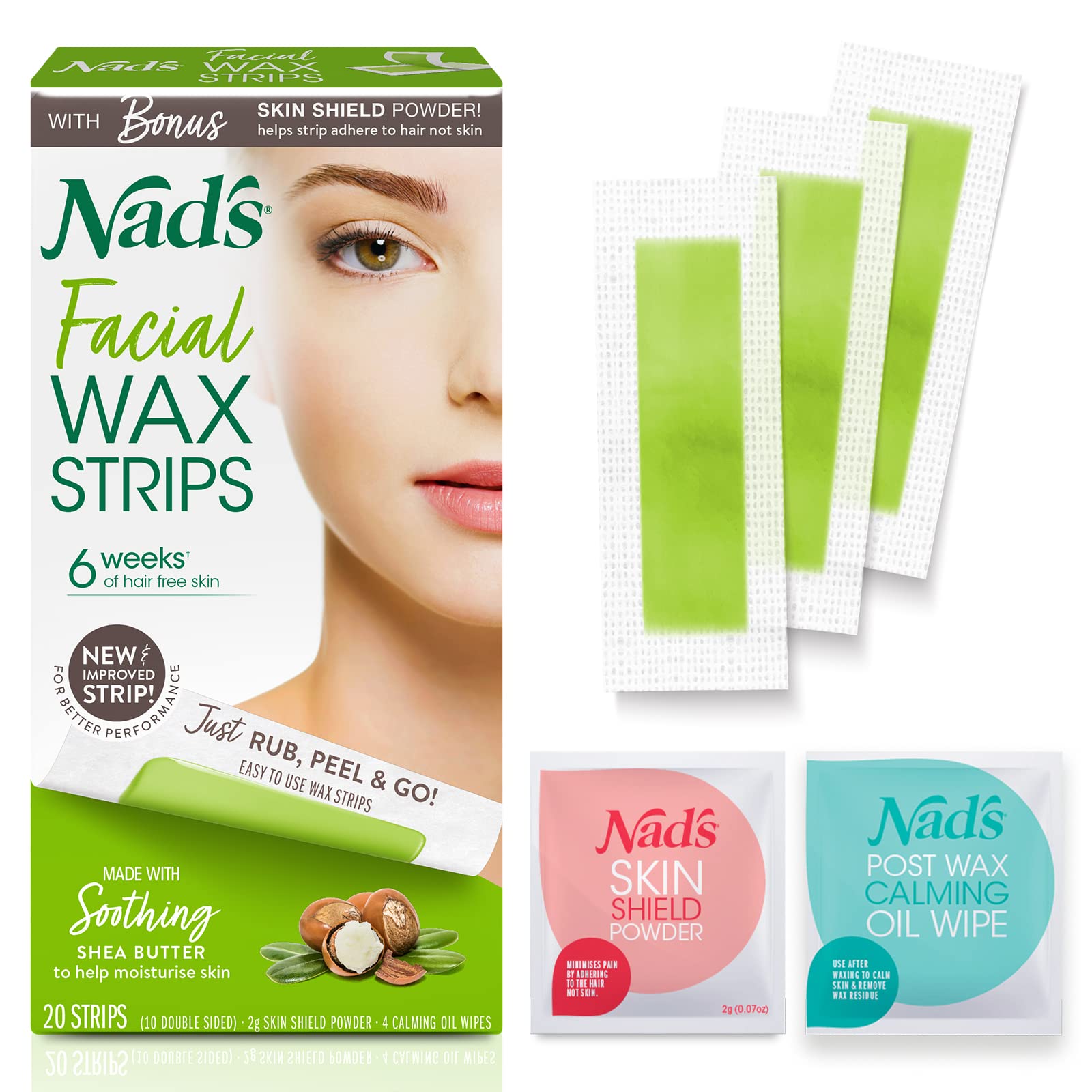 Nad's Facial Wax Strips - Hypoallergenic for All Skin Types, 20 Count Waxing Kit with Calming Oil Wipes & Skin Protection Powder