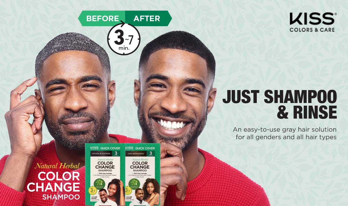 Kiss Quick Cover Natural Herbal Color Change Shampoo 3 Pouches (3 Pack, Natural Black)