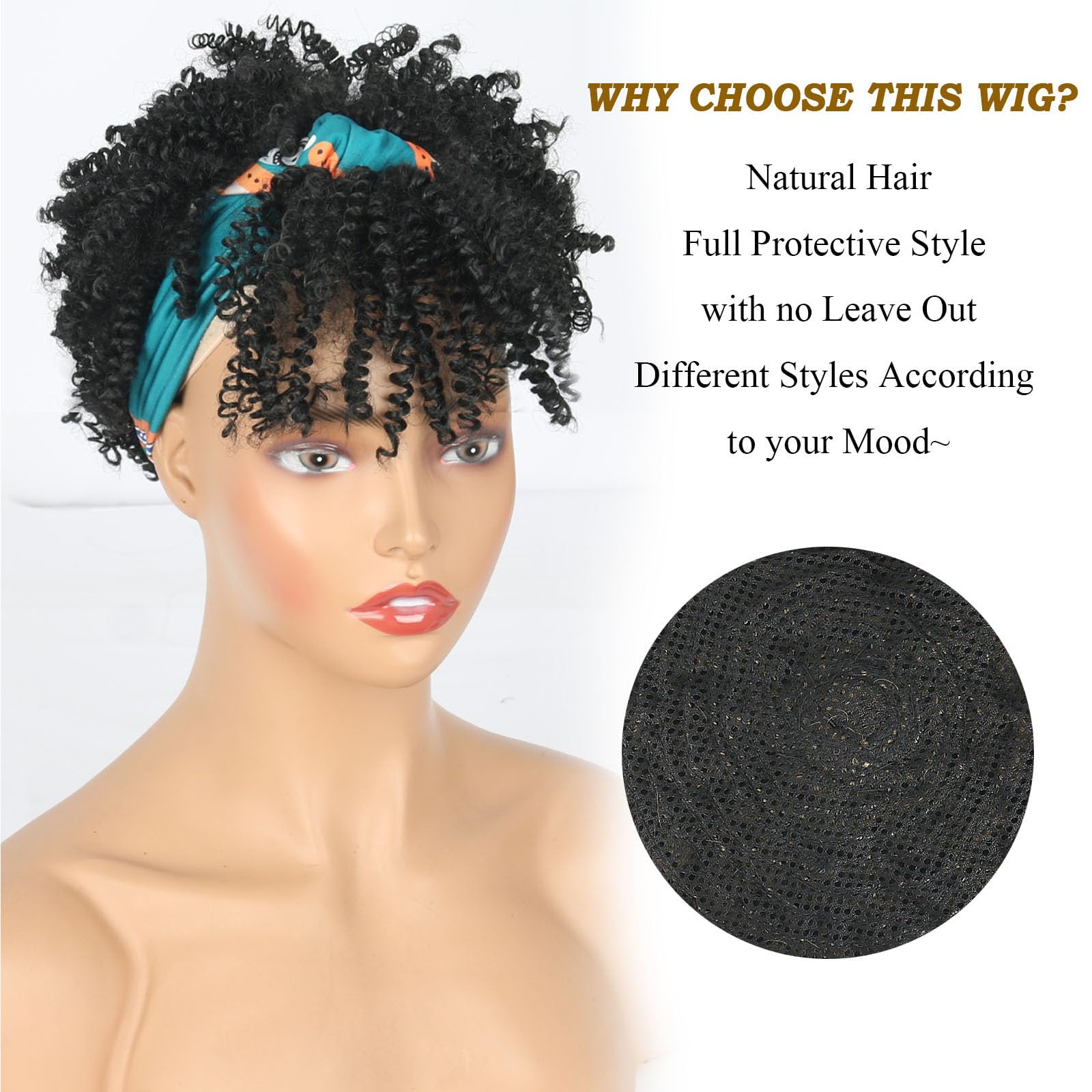 Aisaide Short Afro Curly Headband Wig With Bangs Afro Black Headband Wigs For Black Women High Puff Scarf Wigs Black Wig With He