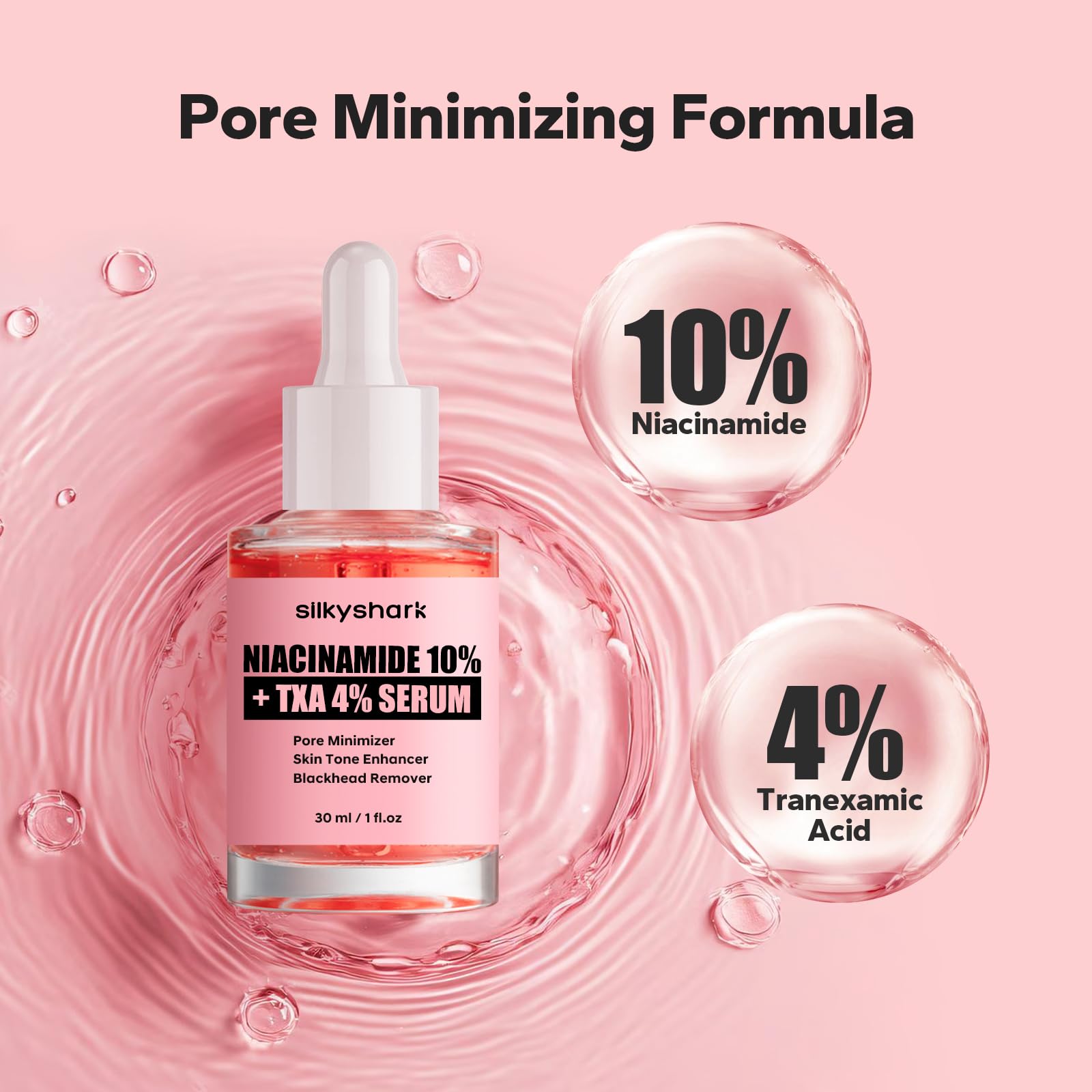 Silkyshark Niacinamide Serum (1 Fl Oz), 10% Niacinamide + 4% Tranexamic Acid, Face Serum For Pore Minimizing, Dark Spots, Blackh