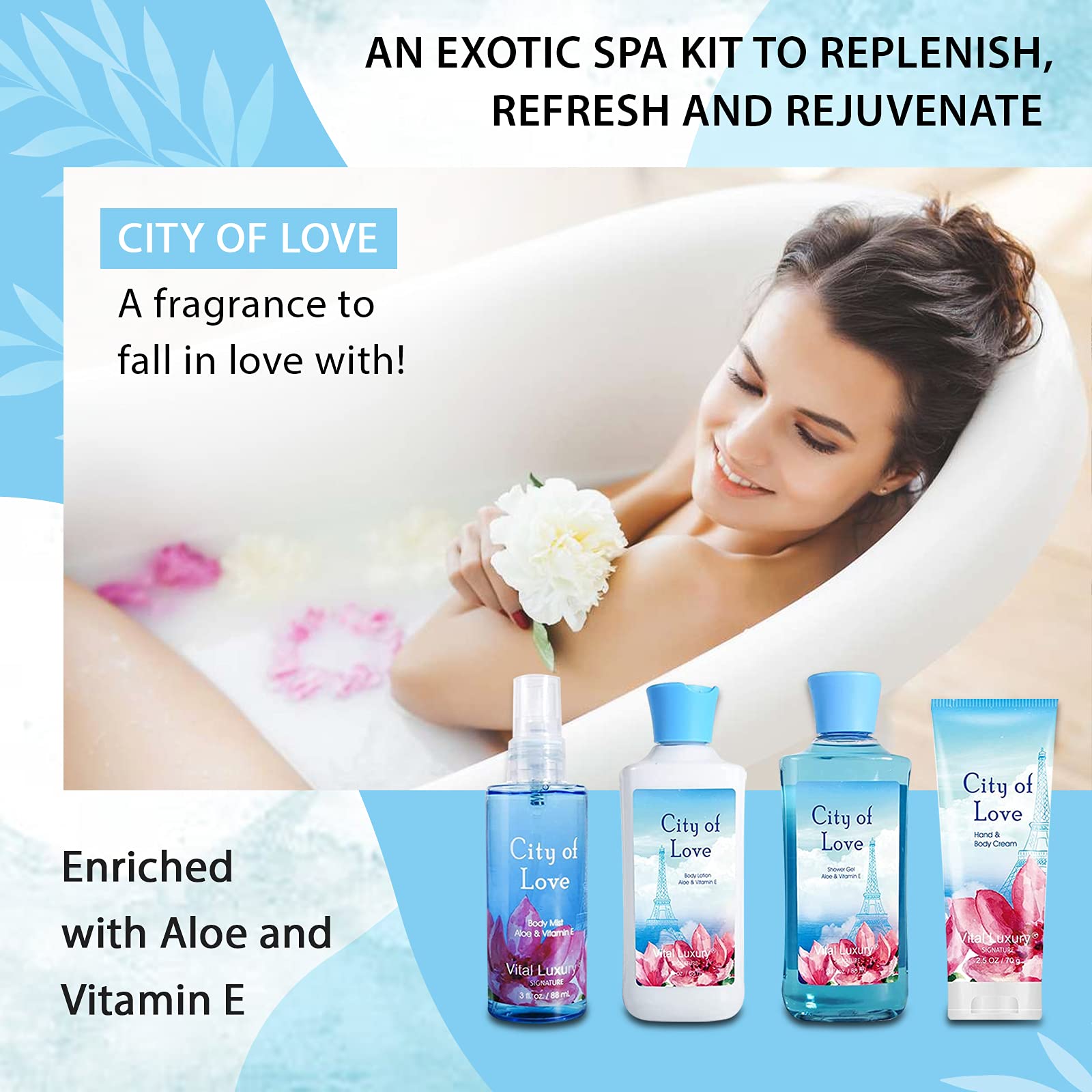Vital Luxury Bath & Body Kit, 3 Fl Oz, Ideal Skincare Gift Home Spa Set, Includes Body Lotion, Shower Gel, Body Cream, And Fragr