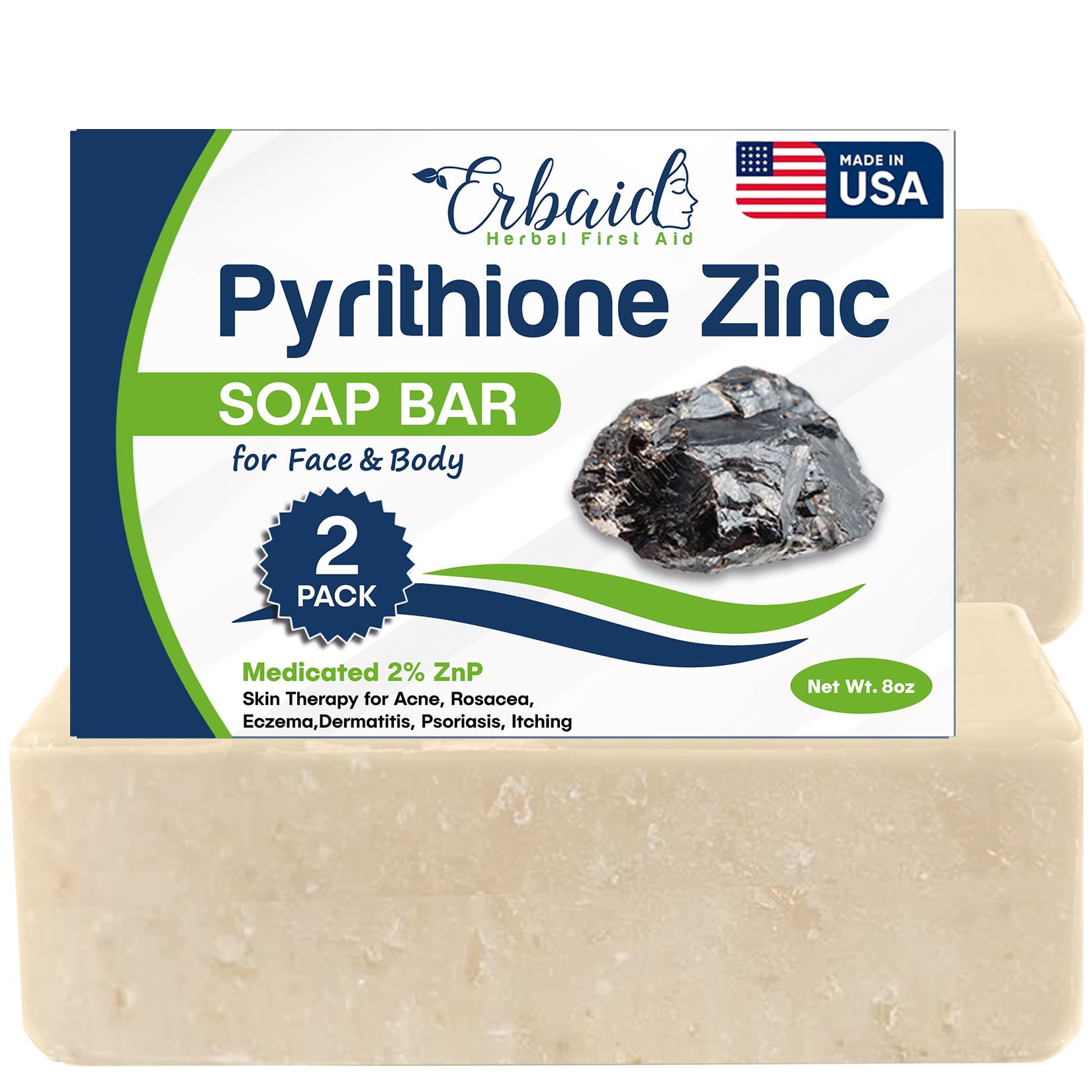 Pyrithione Zinc Soap Bar for Face & Body, 4oz | Medicated 2% ZnP Bar Soap Skin Therapy Cleanser for Acne, Rosacea, Eczema, Derma