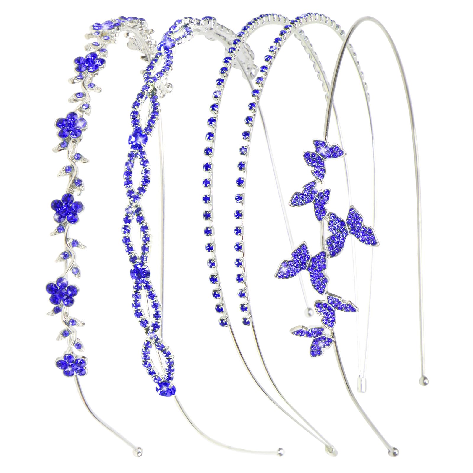 Wecoe Royal Blue Rhinestone Headband Flower Girl Wedding Headpiece Crystal Metal Headbands for Women Fashion Hairband Gifts 4 Pa