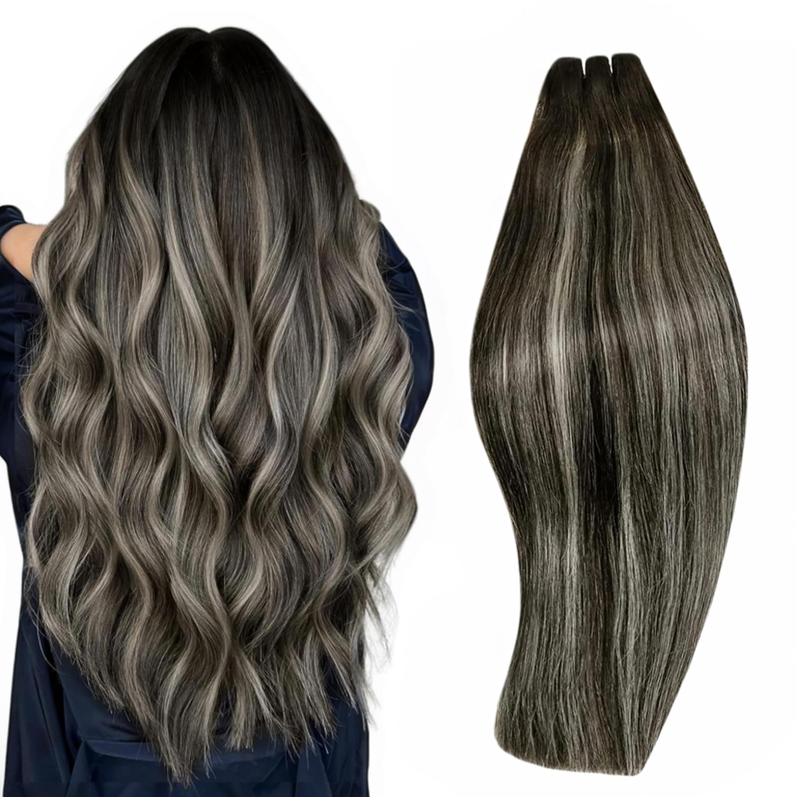 RUNATURE Weft Hair Extensions Human Hair Blend of Black and Silver with Black Roots Black Weft Human Hair Extensions Straight Se