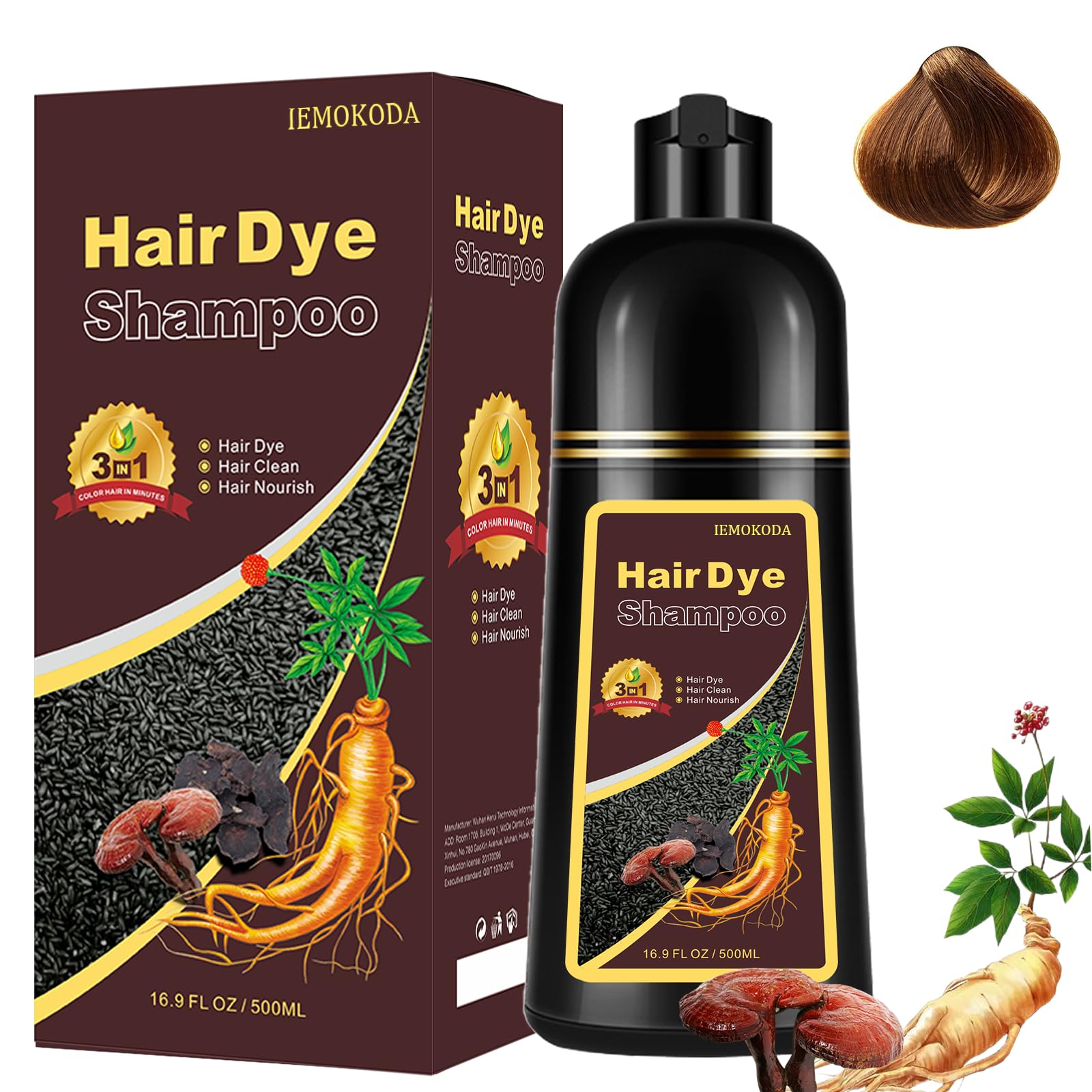 Instant Herbal Brown Hair Shampoo - 3 in 1 Long Lasting Hair Dye for Women & Men, Easy to Use 16.90 Fl OZ (Brown)