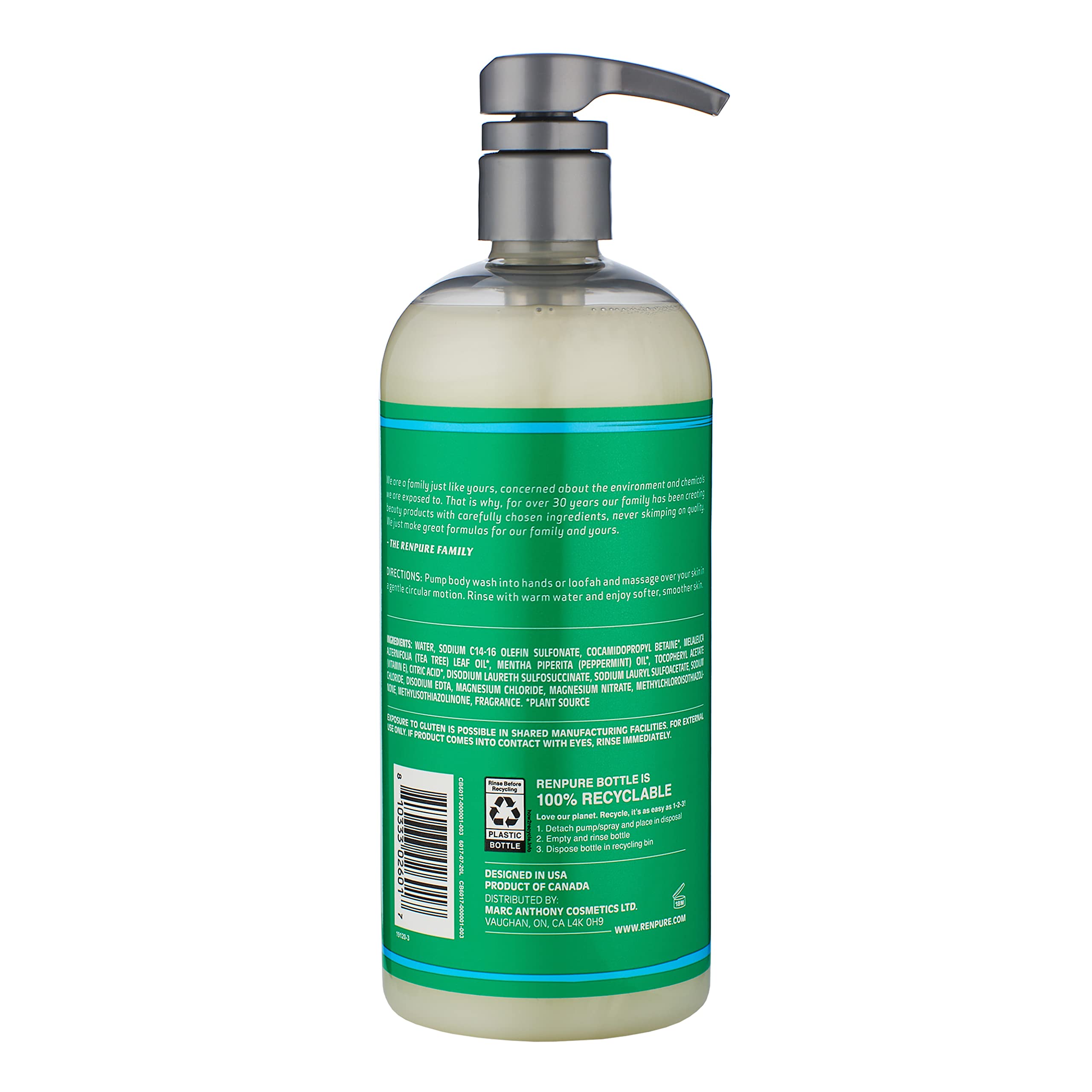 Renpure Original Tea Tree Essential Oil & Peppermint Moisturizing Body Wash With Pump - For Dry Sensitive Skin & Decongest Pores